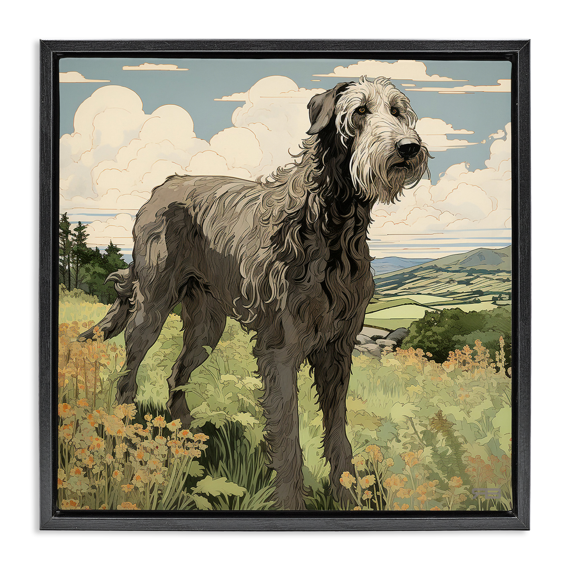 Stupell Industries Countryside Landscape Dog Landscape Painting Black Floater Framed Canvas Art Print Wall Art, 25 x 25