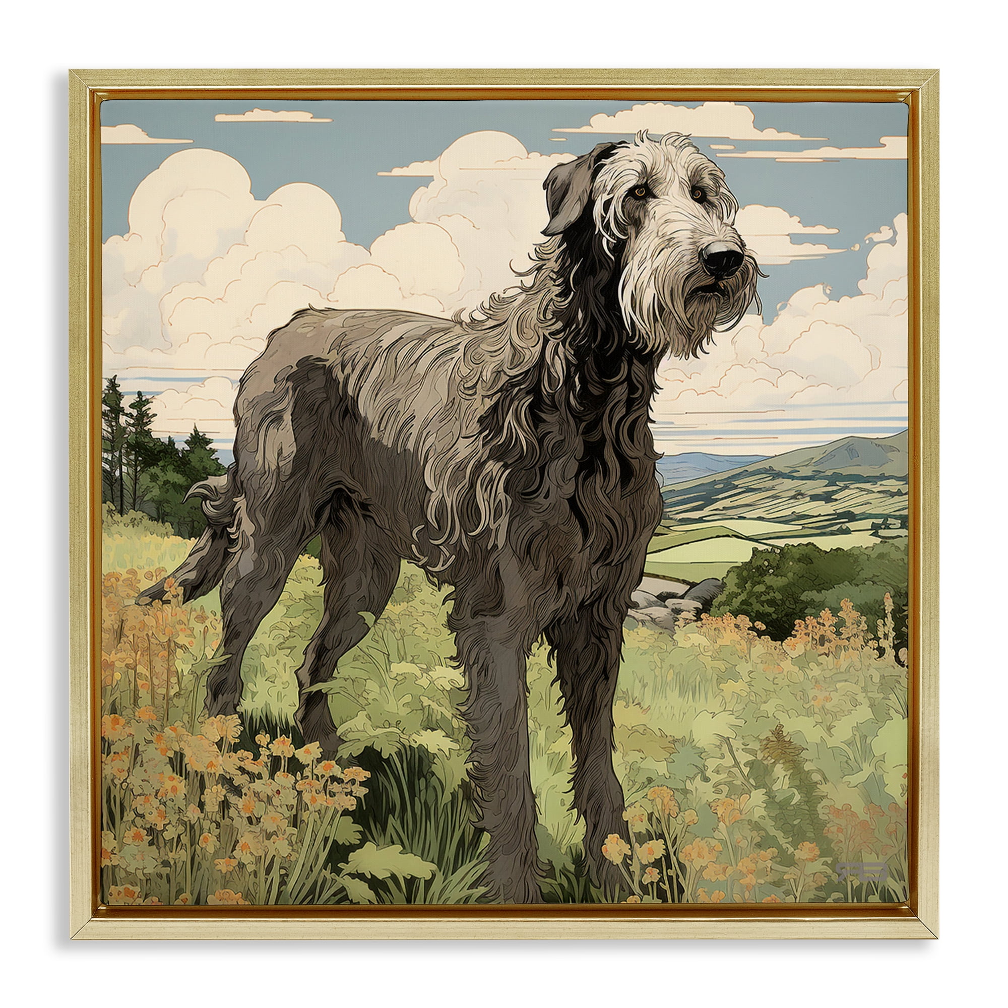 Stupell Industries Countryside Landscape Dog Landscape Painting Gold Floater Framed Canvas Art Print Wall Art, 25 x 25