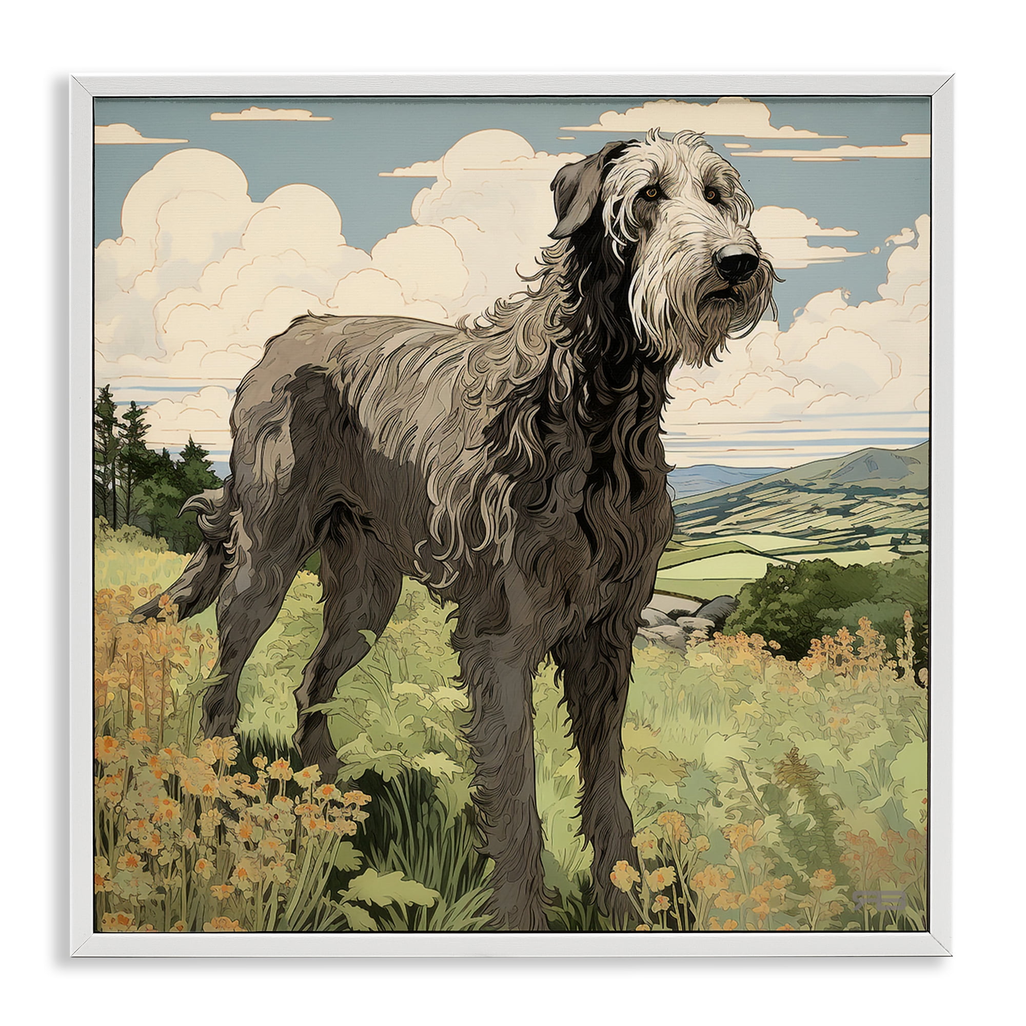 Stupell Industries Countryside Landscape Dog Landscape Painting White Framed Art Print Wall Art, 24 x 24