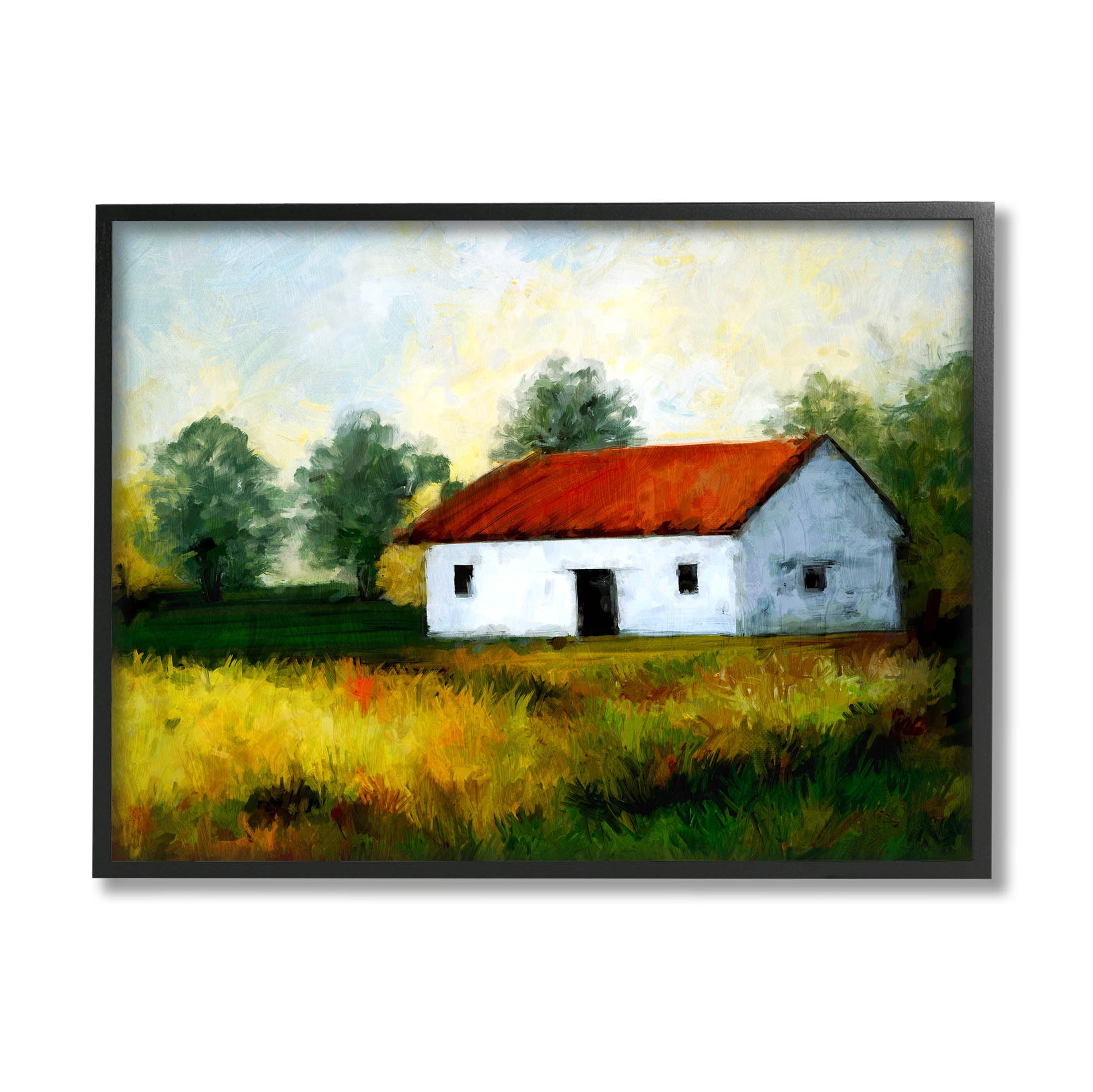 Stupell Industries Countryside Meadow Cottage Landscape Painting Black Framed Art Print Wall Art, Design by Ziwei Li