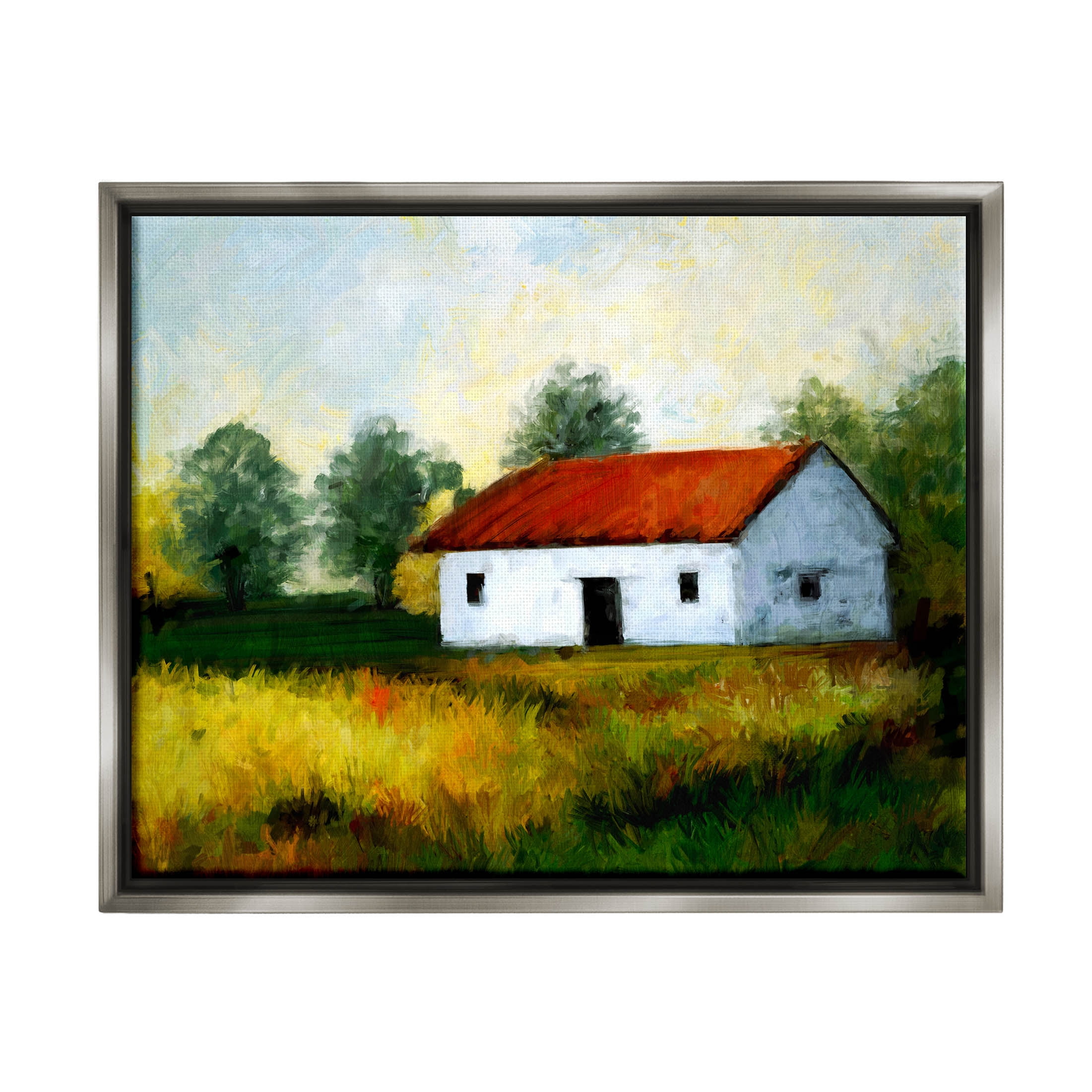 Stupell Industries Countryside Meadow Cottage Landscape Painting Luster Gray Floating Framed Canvas Print Wall Art, Design by Ziwei Li