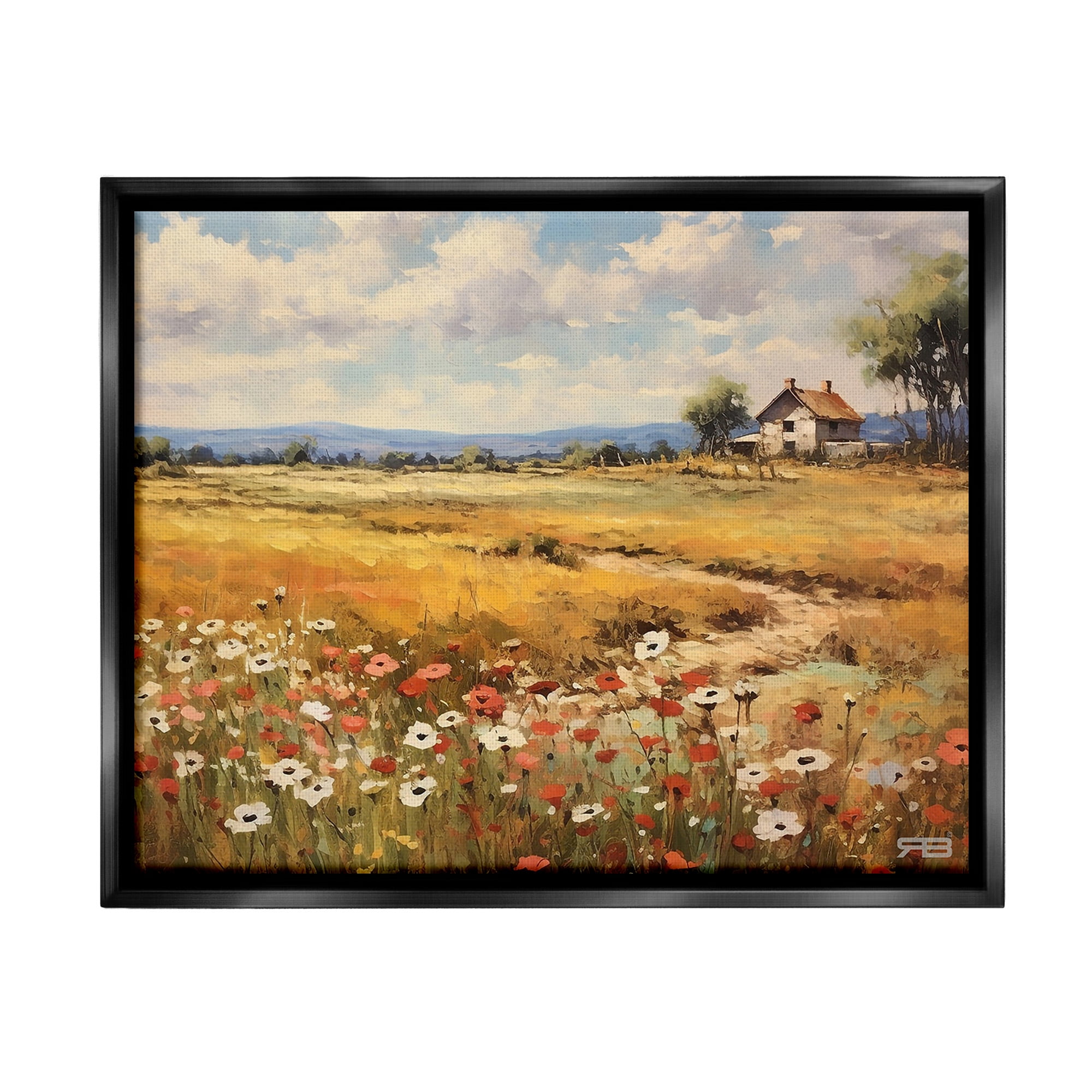 Stupell Industries Countryside Poppy Meadow Landscape Painting Black Floater Framed Canvas Art Print Wall Art, 21 x 17