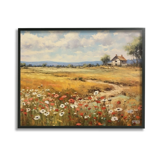 Stupell Industries Countryside Poppy Meadow Landscape Painting Black Framed Art Print Wall Art, 14 x 11