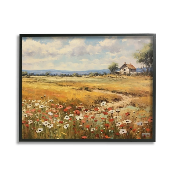 Stupell Industries Countryside Poppy Meadow Landscape Painting Black Framed Art Print Wall Art, 30 x 24