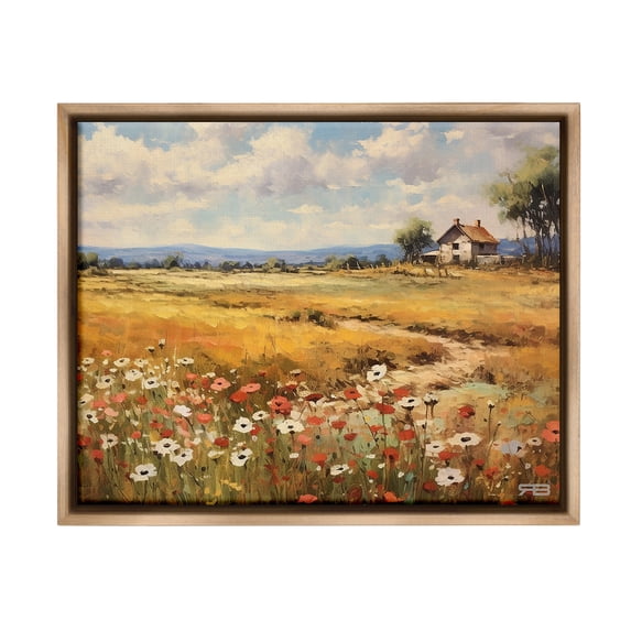 Stupell Industries Countryside Poppy Meadow Landscape Painting Brown Floater Framed Canvas Art Print Wall Art, 21 x 17