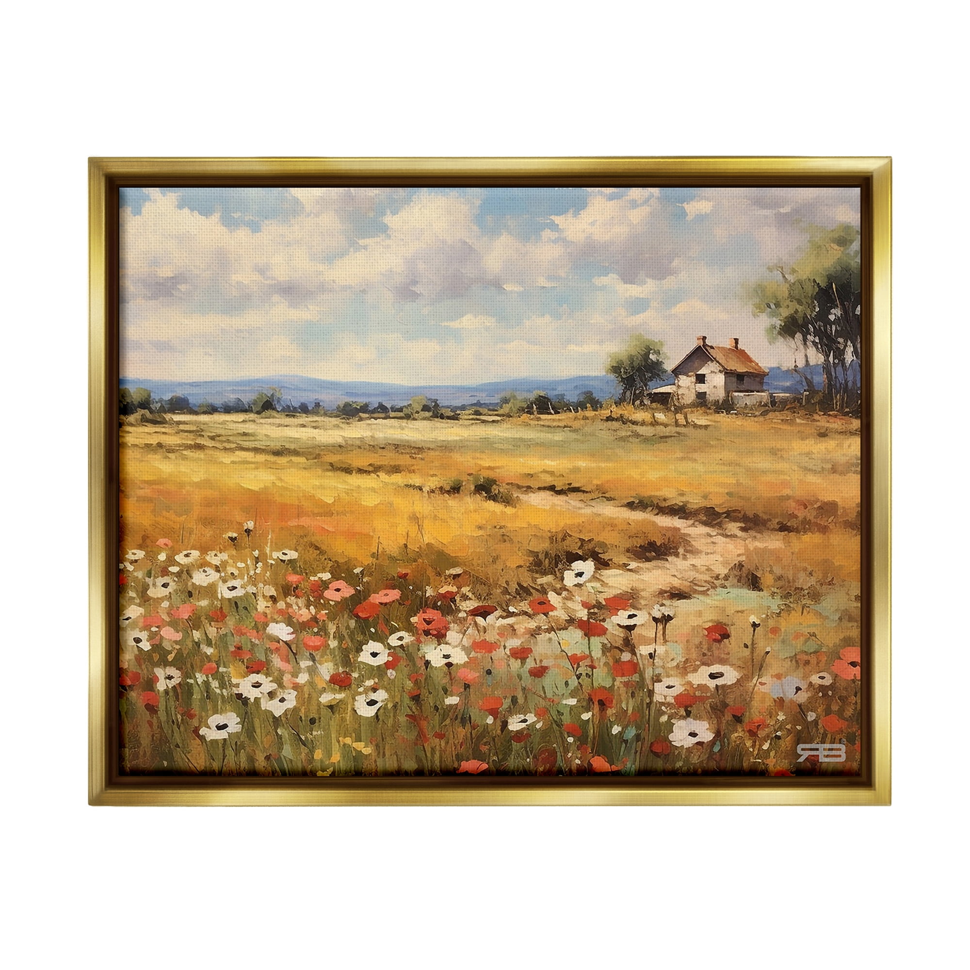 Stupell Industries Countryside Poppy Meadow Landscape Painting Gold Floater Framed Canvas Art Print Wall Art, 31 x 25