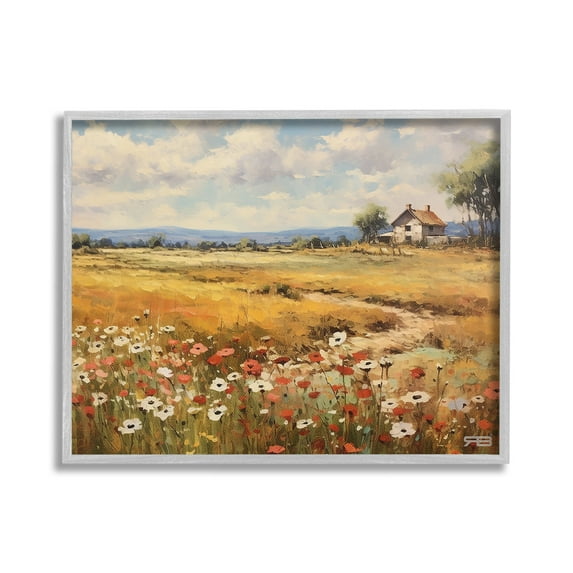 Stupell Industries Countryside Poppy Meadow Landscape Painting Gray Framed Art Print Wall Art, 30 x 24