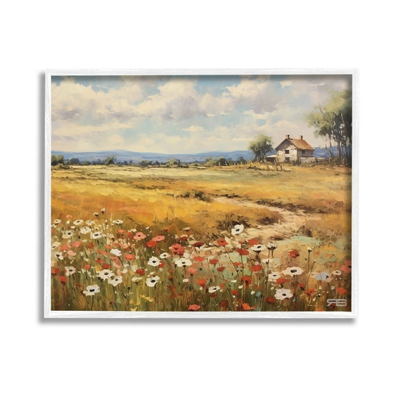 Stupell Industries Countryside Poppy Meadow Landscape Painting White Framed Art Print Wall Art, 14 x 11