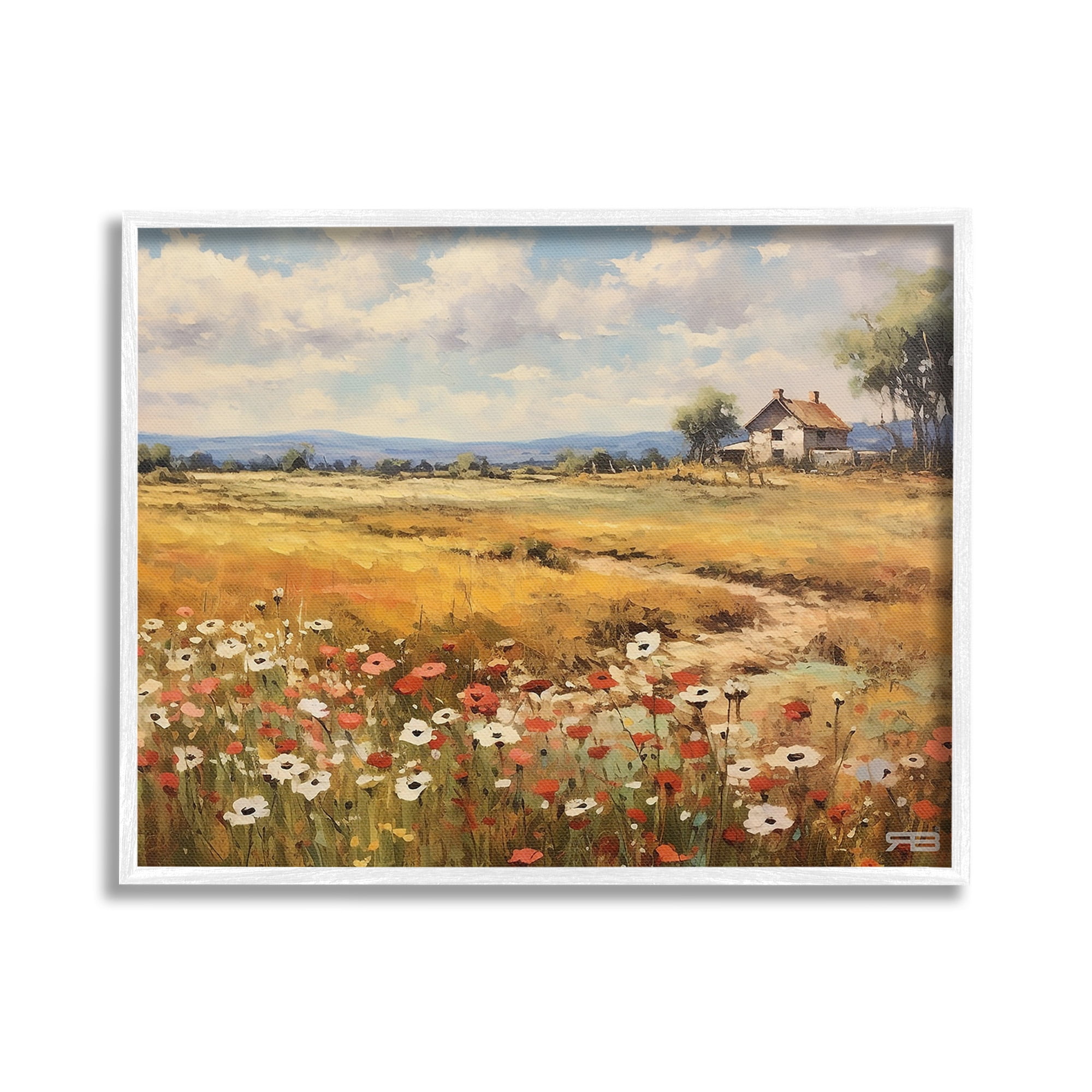 Stupell Industries Countryside Poppy Meadow Landscape Painting White Framed Art Print Wall Art, 20 x 16