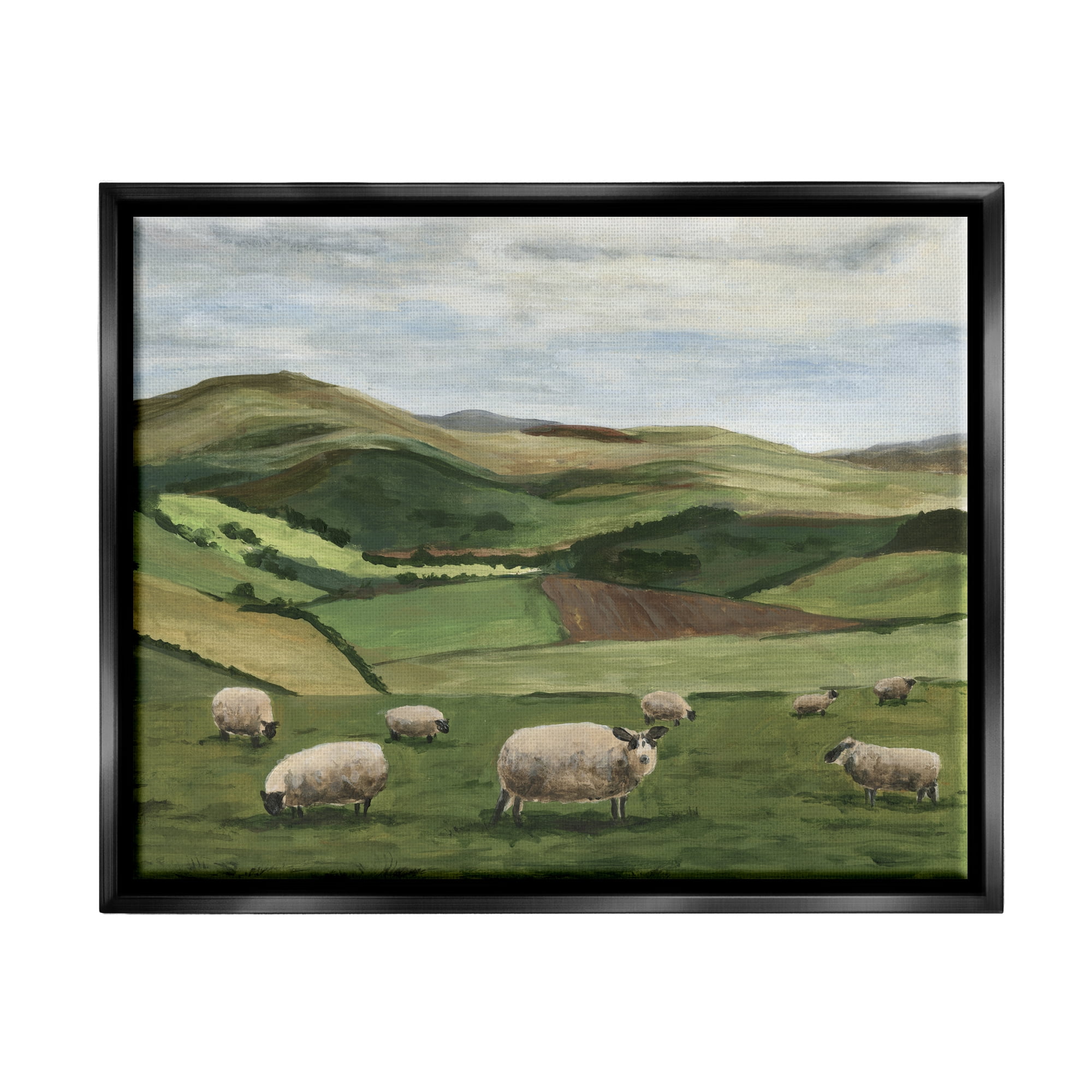 Stupell Industries Countryside Sheep Grazing Animals & Insects Painting Black Floater Framed Canvas Art Print Wall Art, 31 x 25