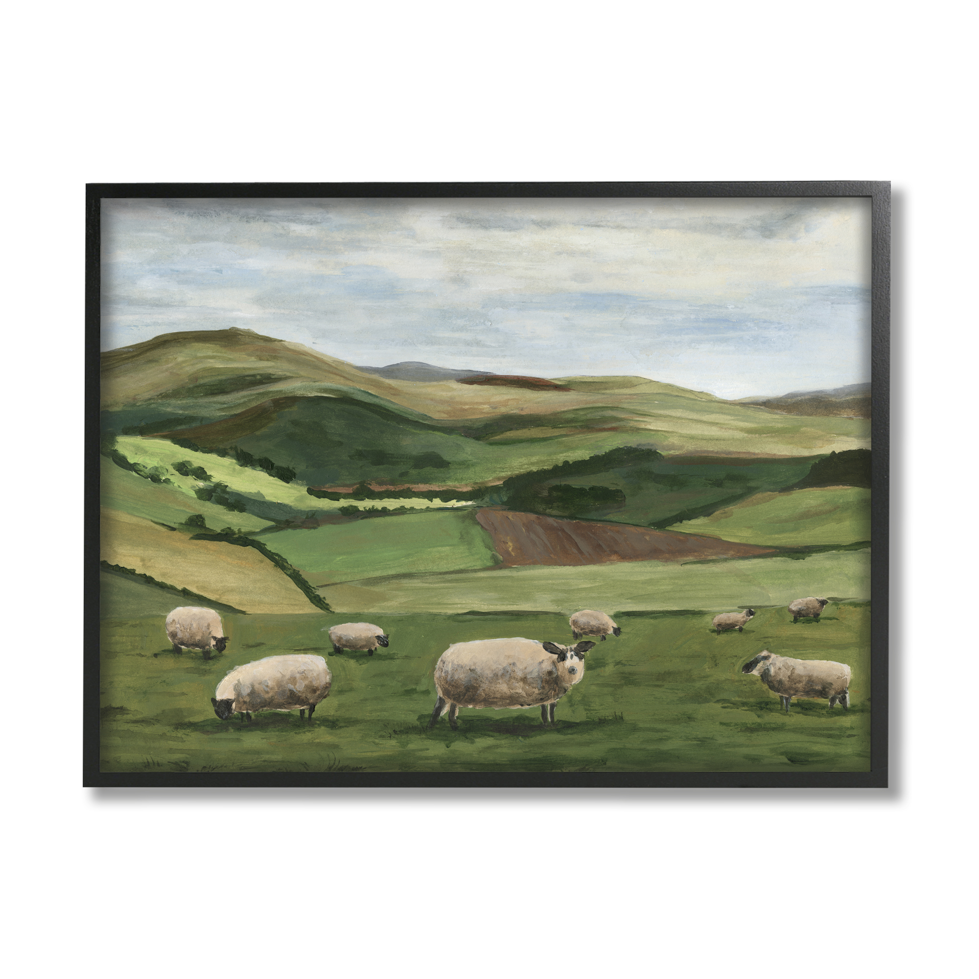 Stupell Industries Countryside Sheep Grazing Animals & Insects Painting Black Framed Art Print Wall Art, 14 x 11