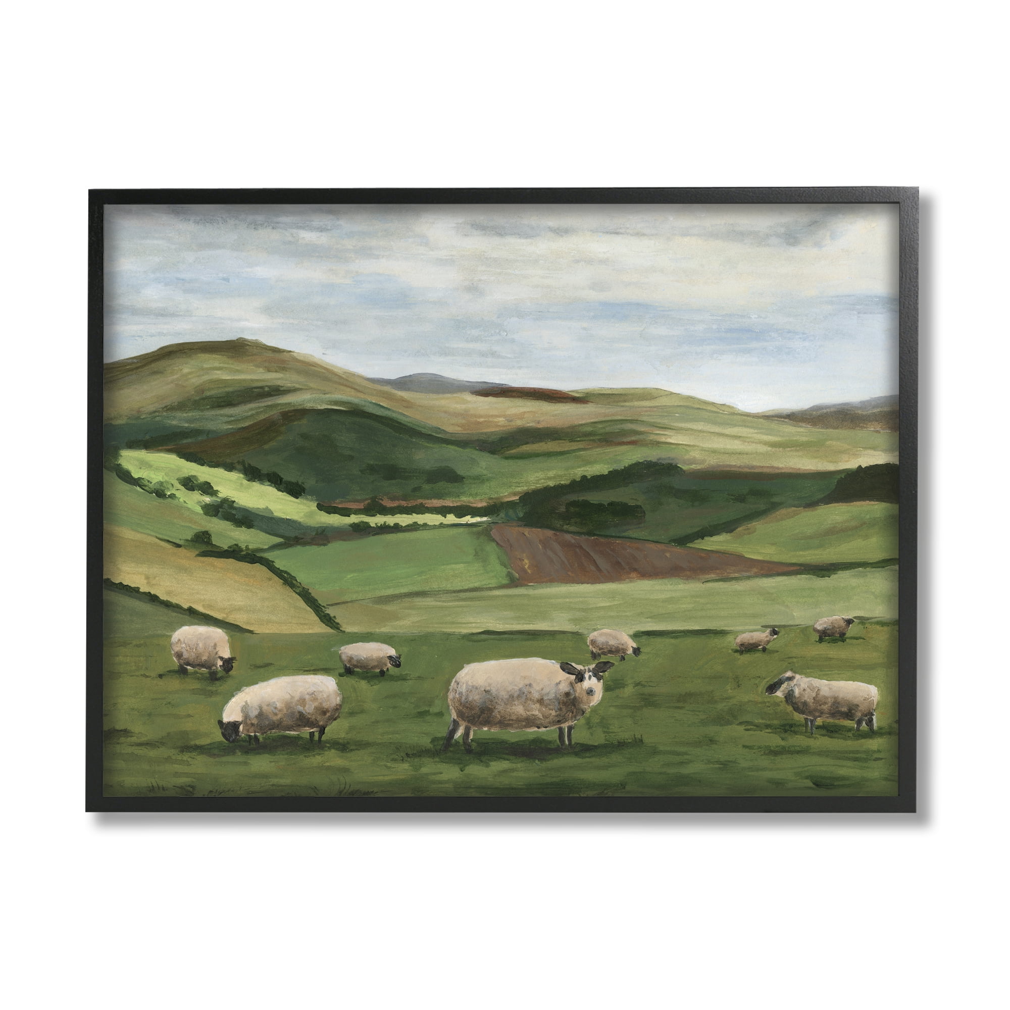 Stupell Industries Countryside Sheep Grazing Animals & Insects Painting Black Framed Art Print Wall Art, 20 x 16