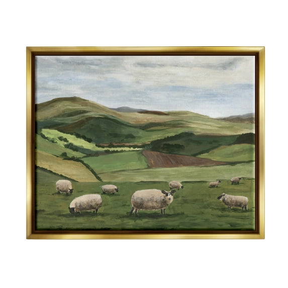 Stupell Industries Countryside Sheep Grazing Animals & Insects Painting Gold Floater Framed Canvas Art Print Wall Art, 21 x 17