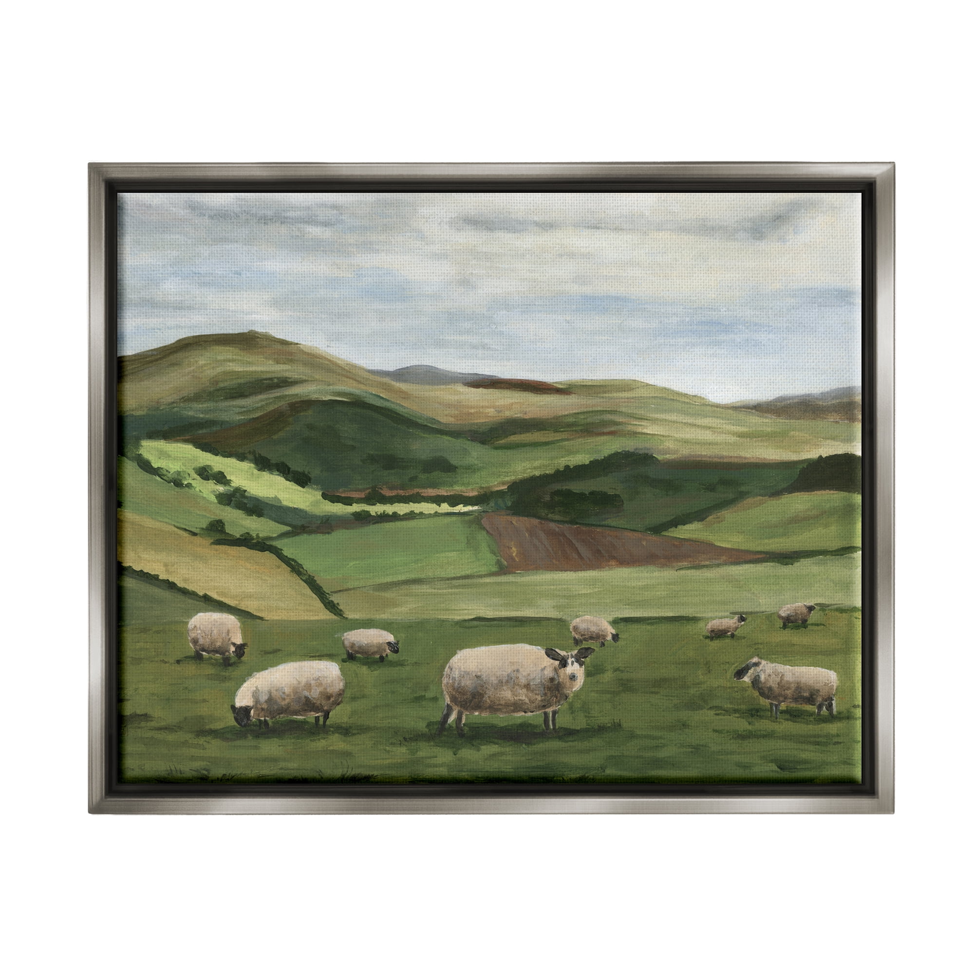 Stupell Industries Countryside Sheep Grazing Animals & Insects Painting Gray Floater Framed Canvas Art Print Wall Art, 31 x 25