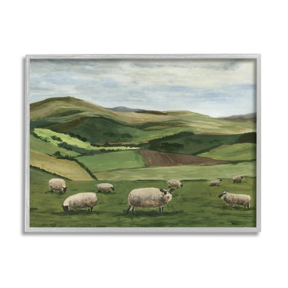 Stupell Industries Countryside Sheep Grazing Animals & Insects Painting Gray Framed Art Print Wall Art, 14 x 11