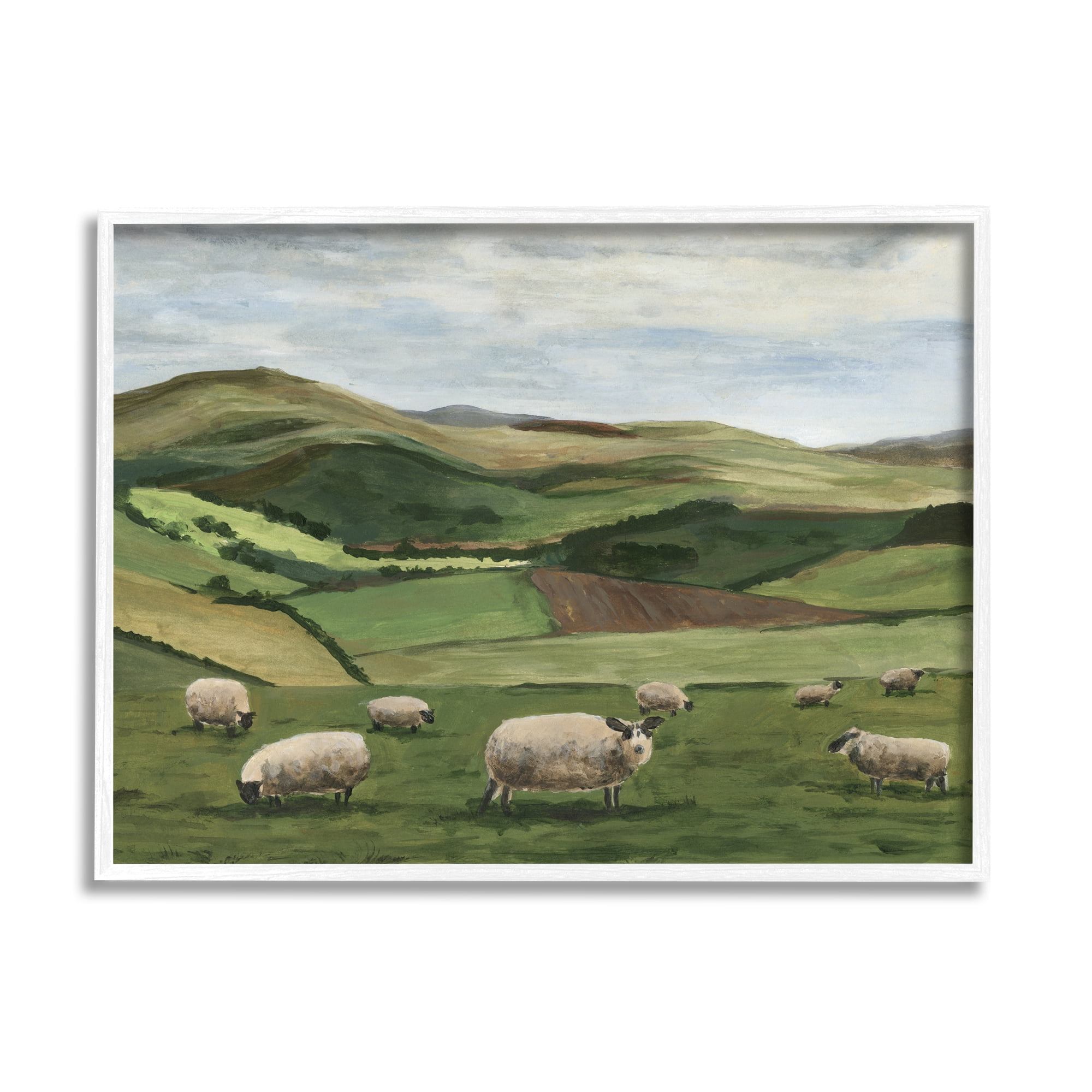 Stupell Industries Countryside Sheep Grazing Animals & Insects Painting White Framed Art Print Wall Art, 14 x 11