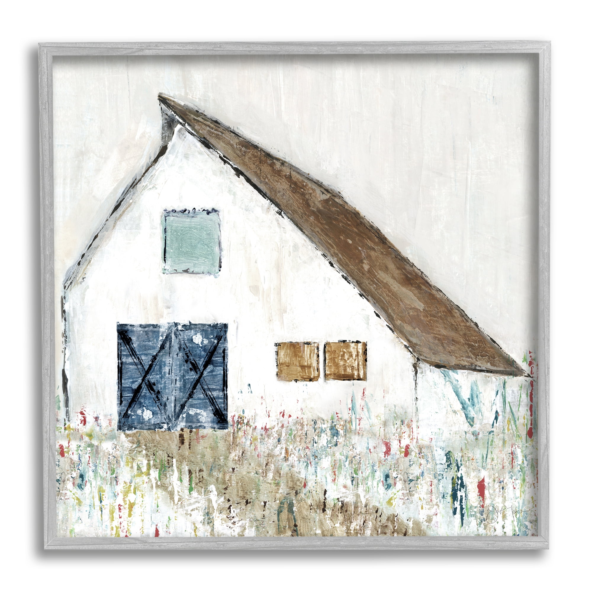 Stupell Industries Countryside White Barn Abstract Flower Meadow Nature Painting Gray Framed Art Print Wall Art, Design by Tava Studios