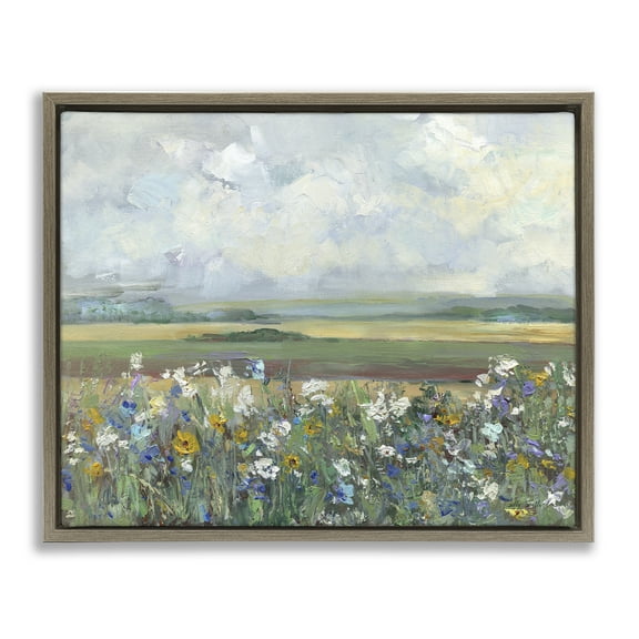 Stupell Industries County Meadow Clouds Overhead Landscape & Nature Painting Brown Floater Framed Canvas Art Print Wall Art, 21 x 17