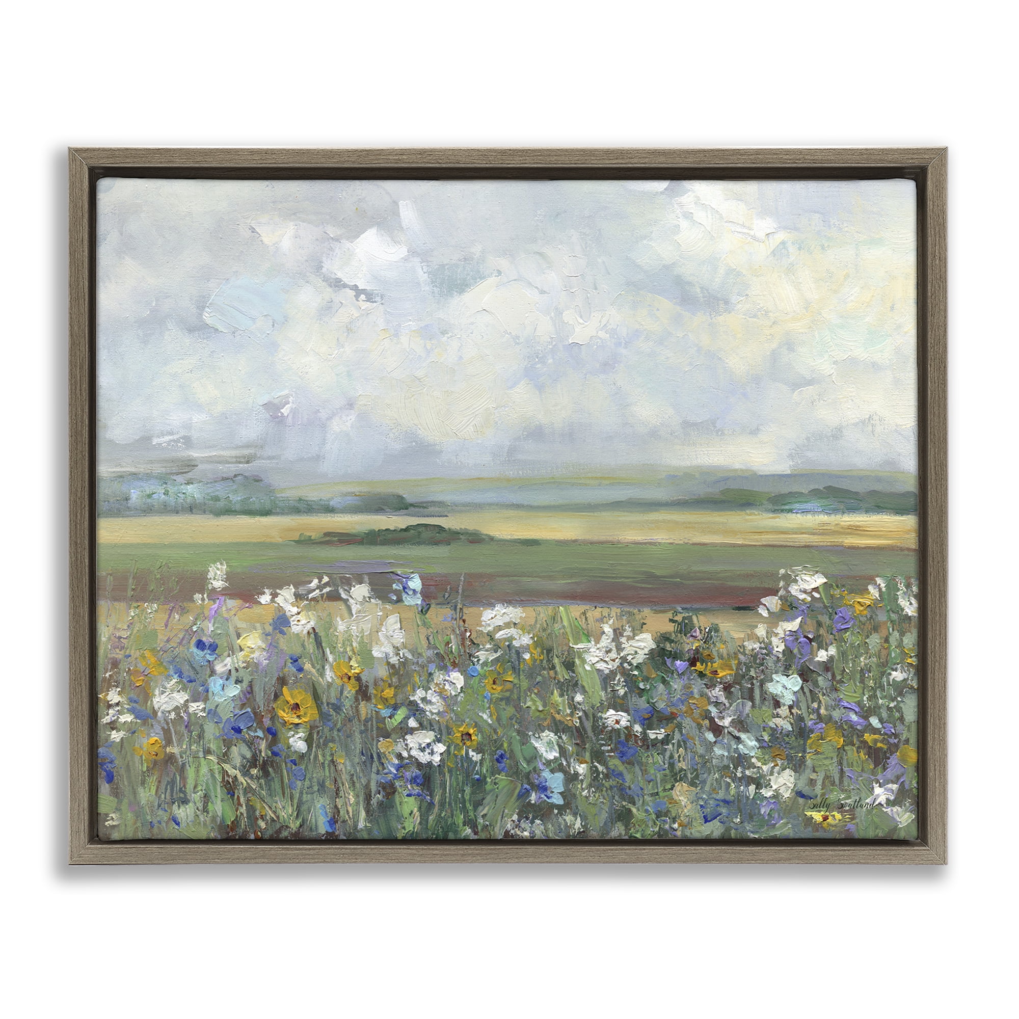 Stupell Industries County Meadow Clouds Overhead Landscape & Nature Painting Brown Floater Framed Canvas Art Print Wall Art, 25 x 31