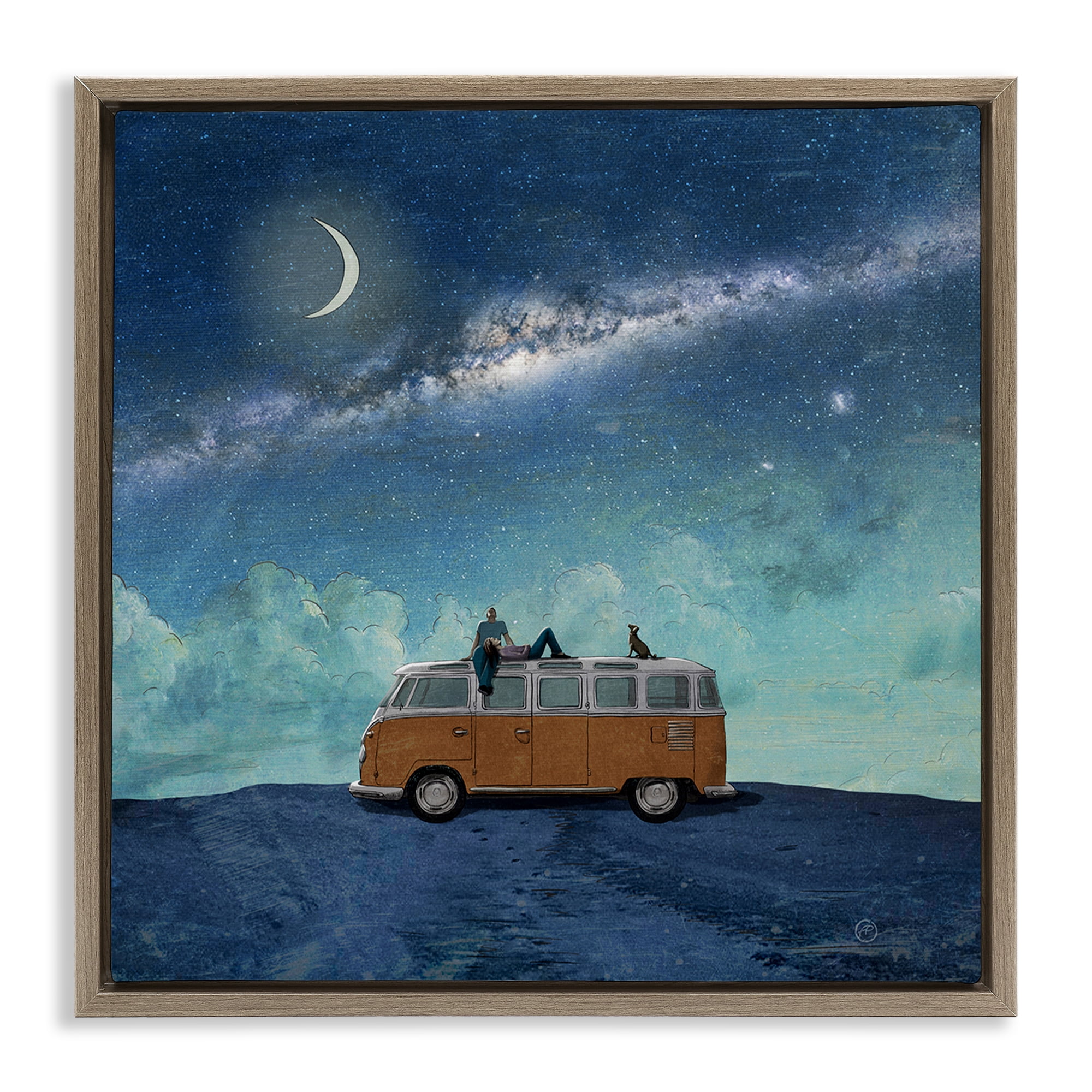 Stupell Industries Couple & Dog Adventure Transportation Painting Brown Floater Framed Canvas Art Print Wall Art, 18 x 18