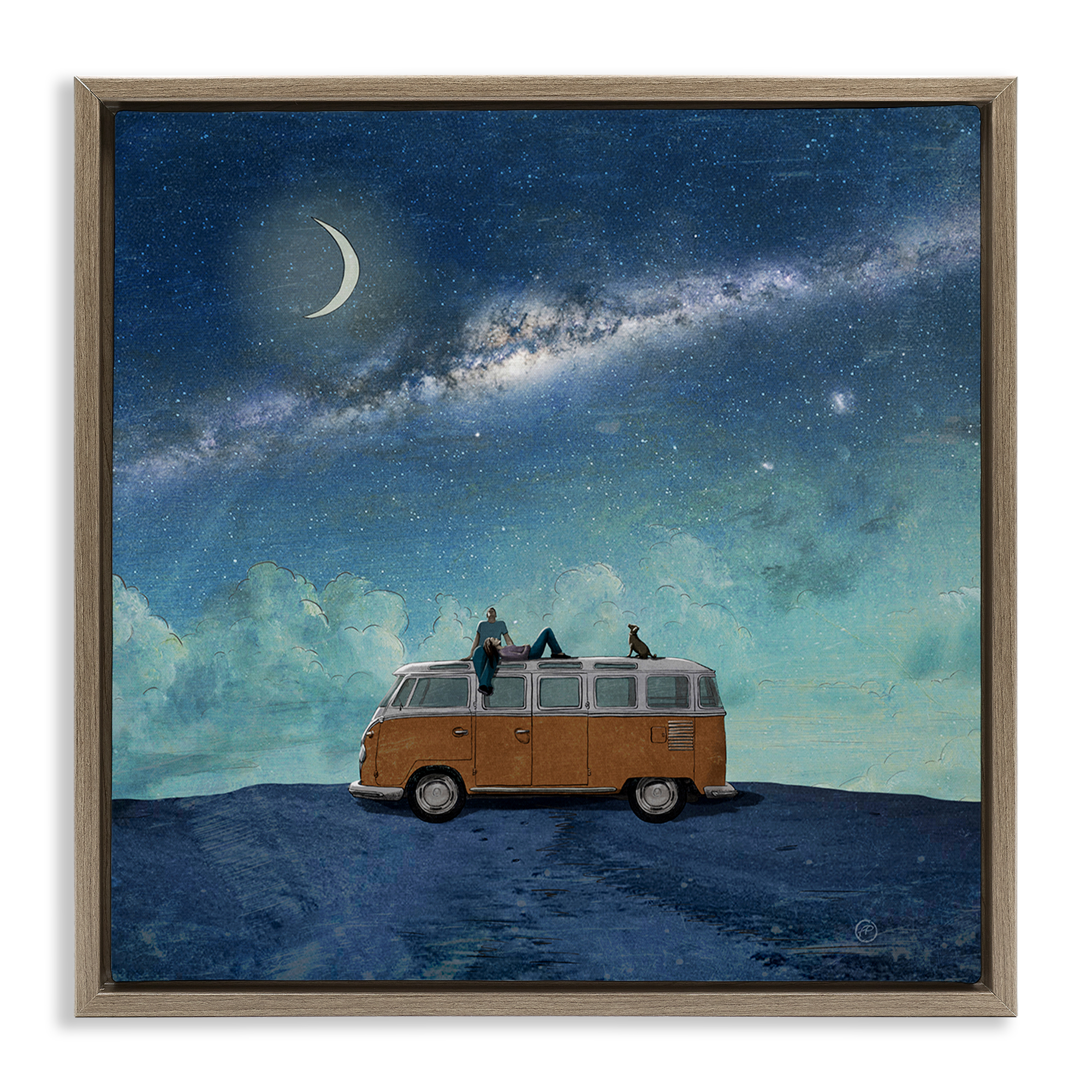 Stupell Industries Couple & Dog Adventure Transportation Painting Brown Floater Framed Canvas Art Print Wall Art, 25 x 25
