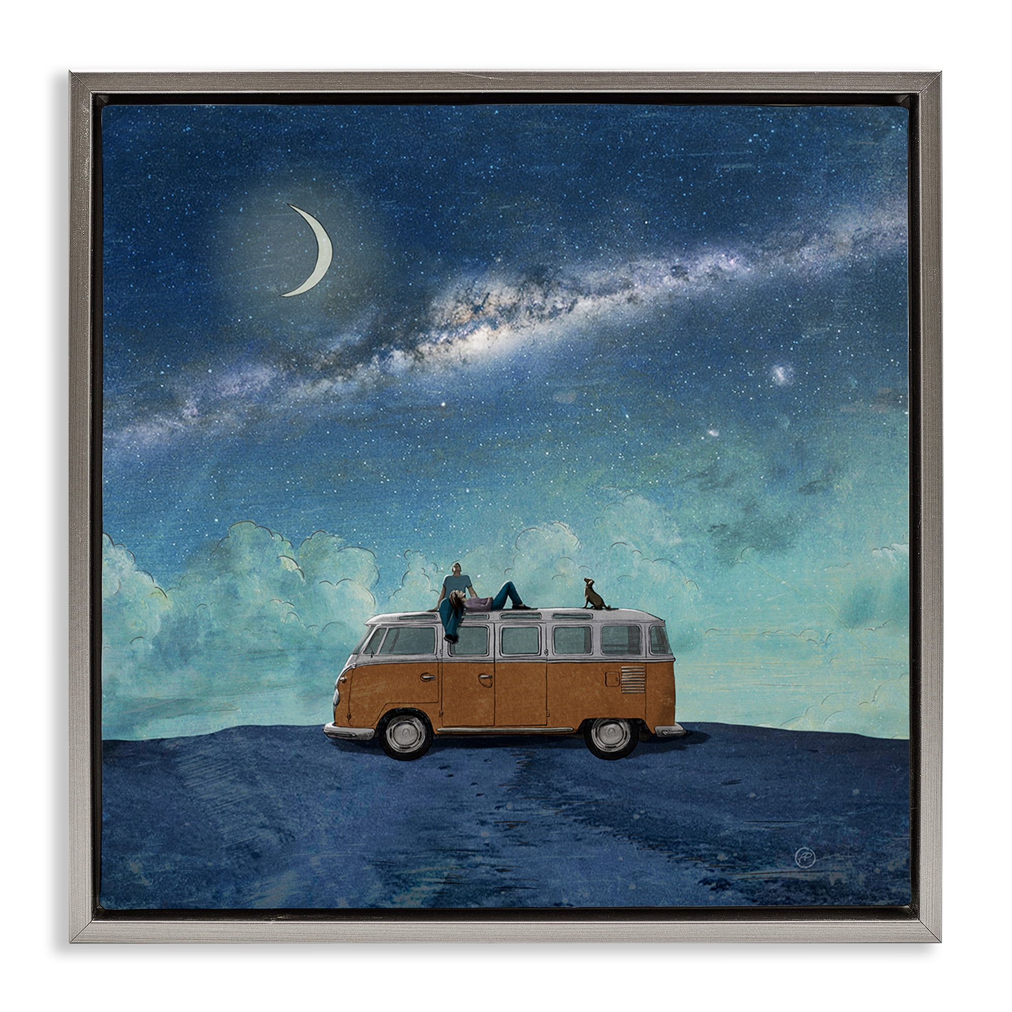 Stupell Industries Couple & Dog Adventure Transportation Painting Gray Floater Framed Canvas Art Print Wall Art, 18 x 18