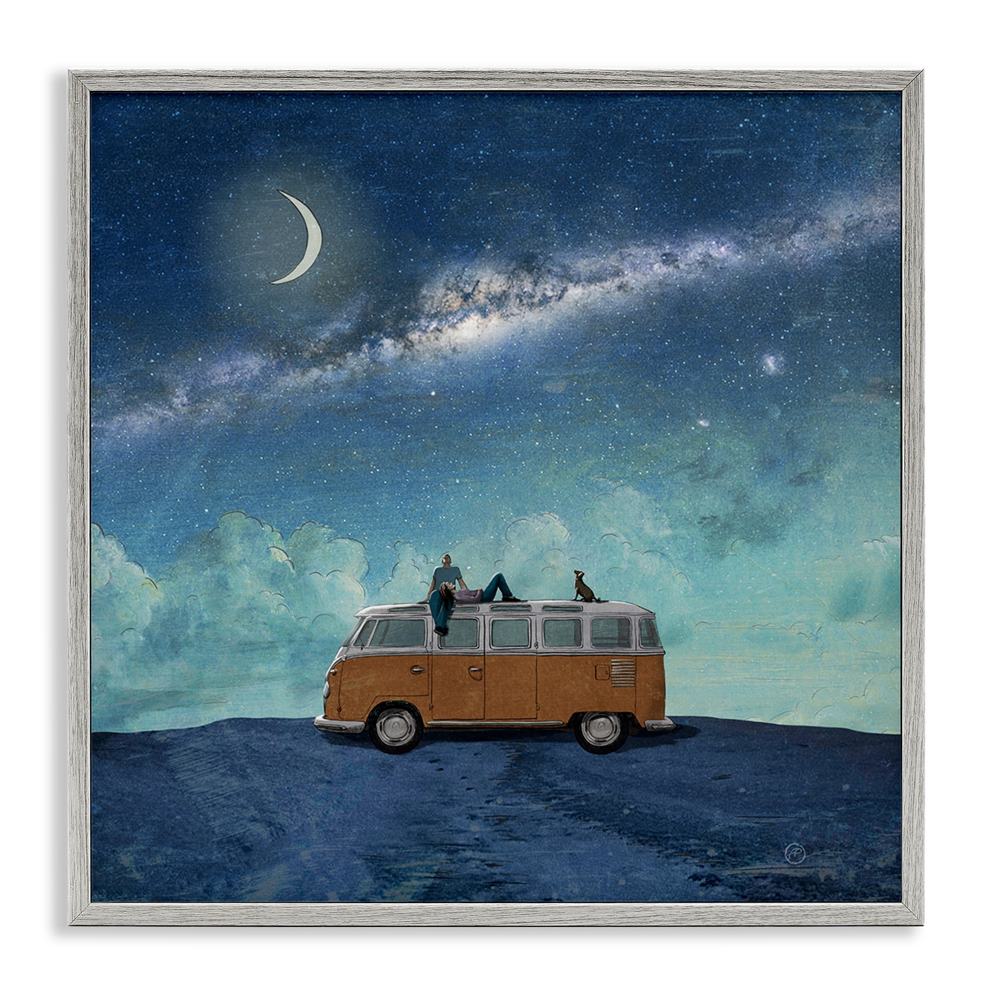 Stupell Industries Couple & Dog Adventure Transportation Painting Gray Framed Art Print Wall Art, 12 x 12