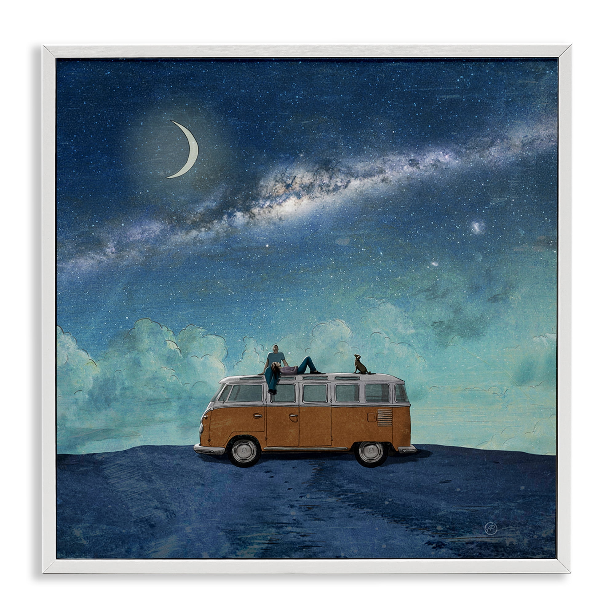 Stupell Industries Couple & Dog Adventure Transportation Painting White Framed Art Print Wall Art, 12 x 12