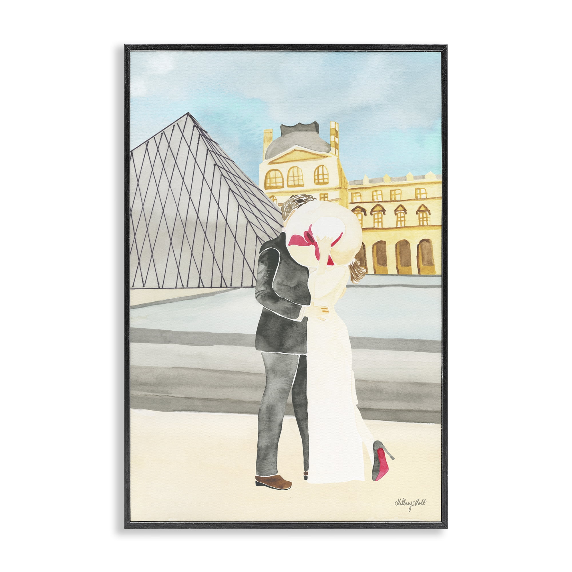 Stupell Industries Couple Embrace At The Louvre Black Framed Giclee Art, design by Hillary Holt