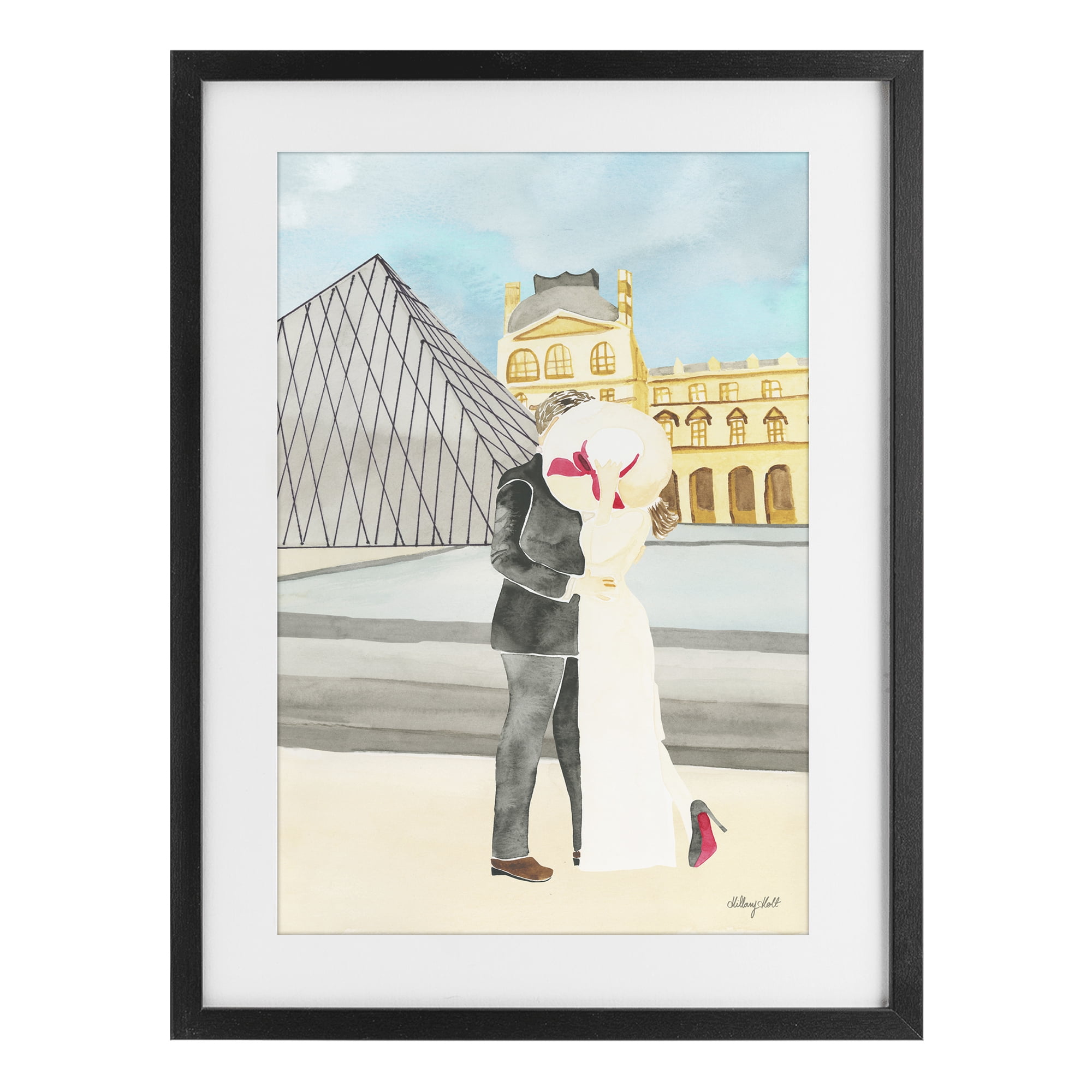 Stupell Industries Couple Embrace At The Louvre Black Framed Print Under Glass, design by Hillary Holt
