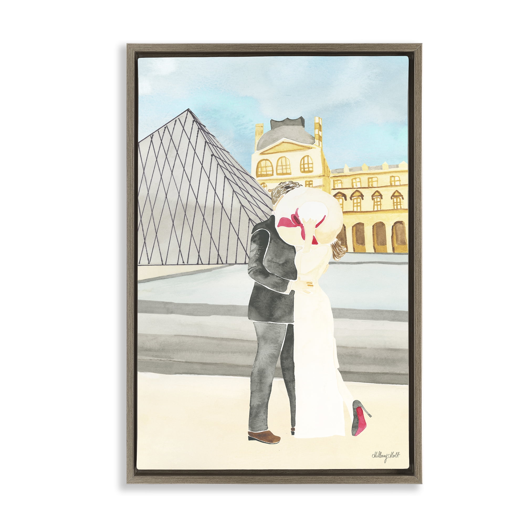 Stupell Industries Couple Embrace At The Louvre Brown Framed Floater Canvas Wall Art, design by Hillary Holt
