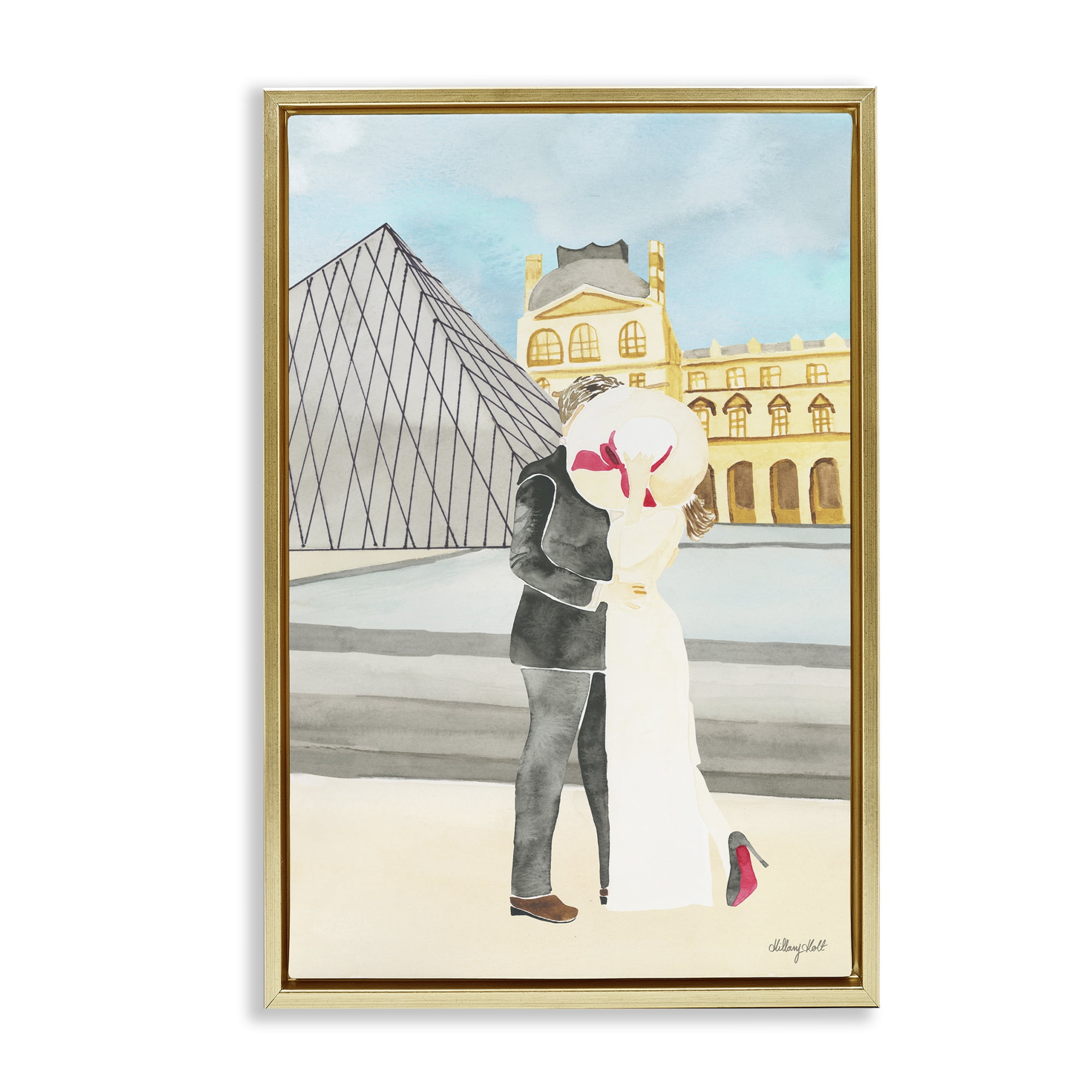 Stupell Industries Couple Embrace At The Louvre Gold Framed Floater Canvas Wall Art, design by Hillary Holt