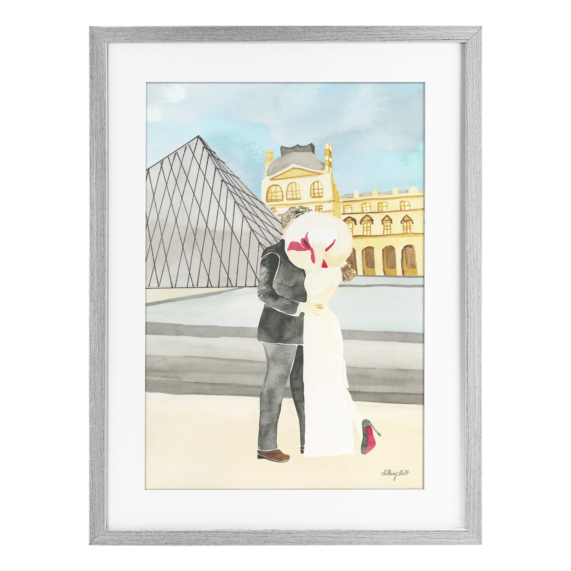 Stupell Industries Couple Embrace At The Louvre Gray Framed Print Under Glass, design by Hillary Holt