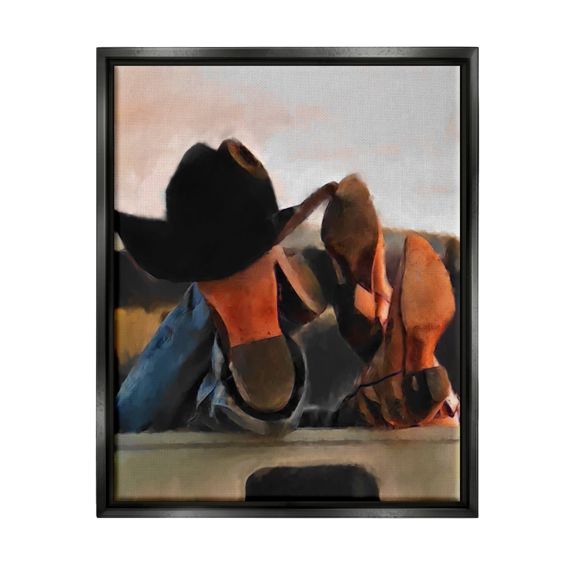 Stupell Industries Couple Resting Cowboy Boots Abstract Painting Black Floater Framed Canvas Art Print Wall Art, 25 x 31