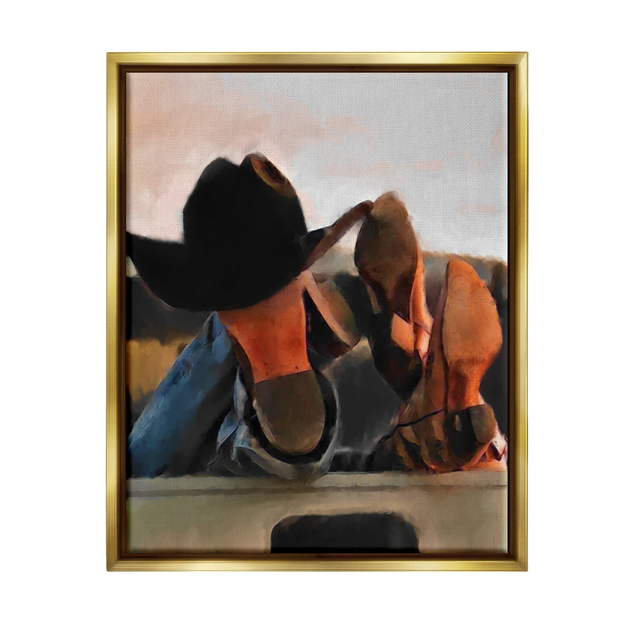 Stupell Industries Couple Resting Cowboy Boots Abstract Painting Gold Floater Framed Canvas Art Print Wall Art, 25 x 31
