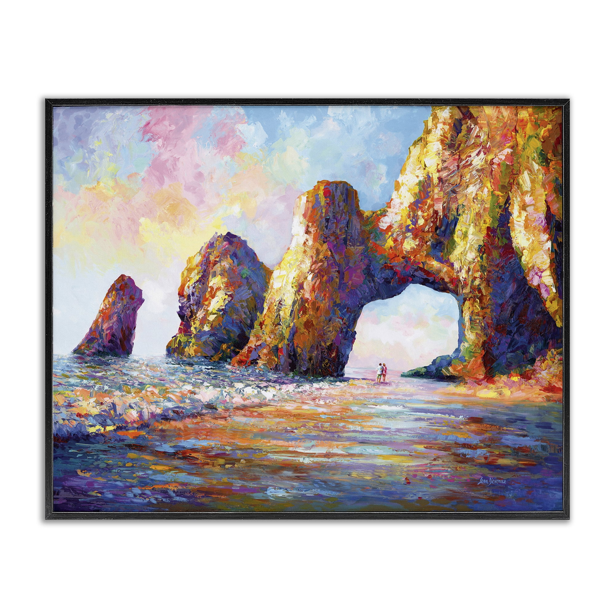 Stupell Industries Couple Strolling Beach Arch Landscape Painting Black Framed Art Print Wall Art, 30 x 24