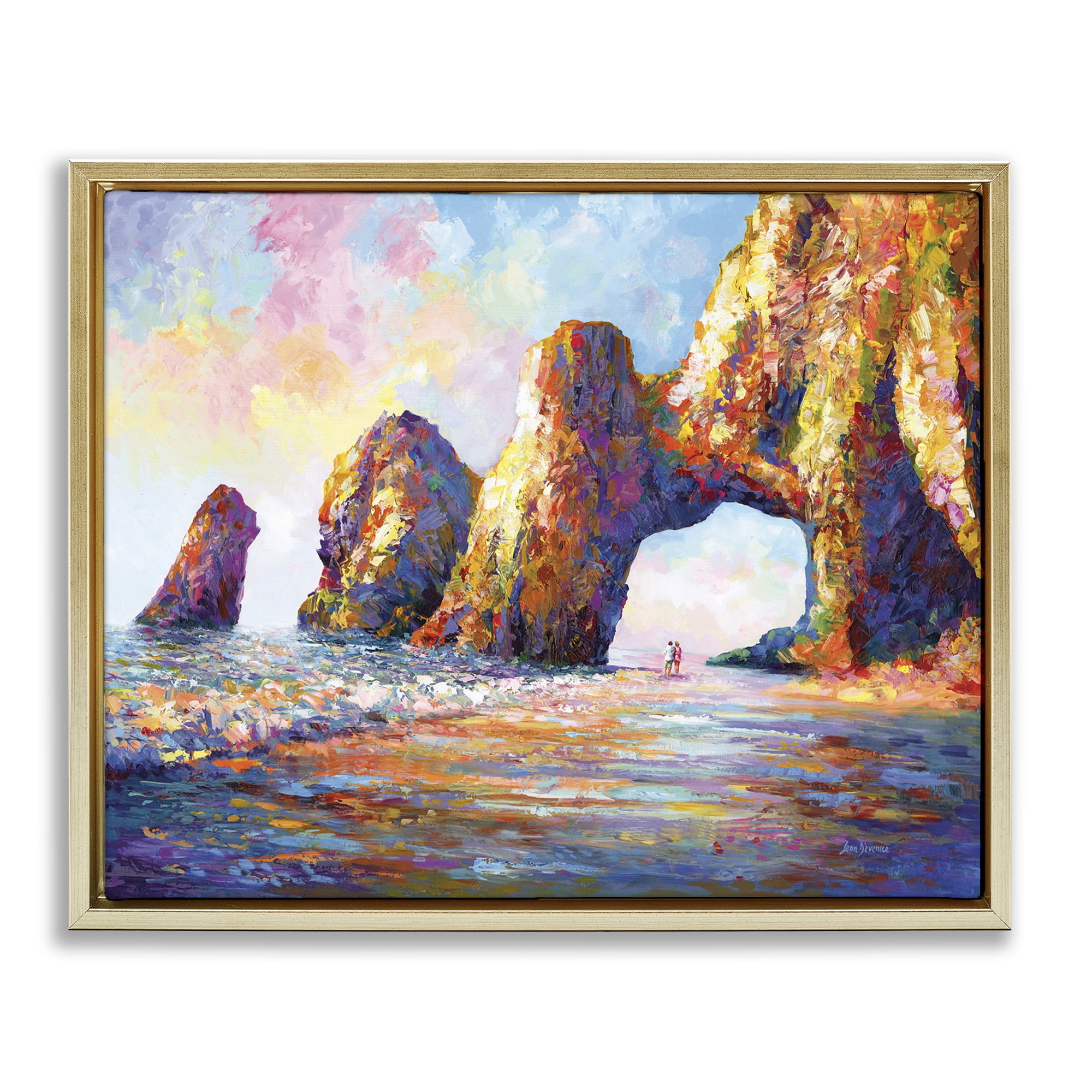 Stupell Industries Couple Strolling Beach Arch Landscape Painting Gold Floater Framed Canvas Art Print Wall Art, 31 x 25