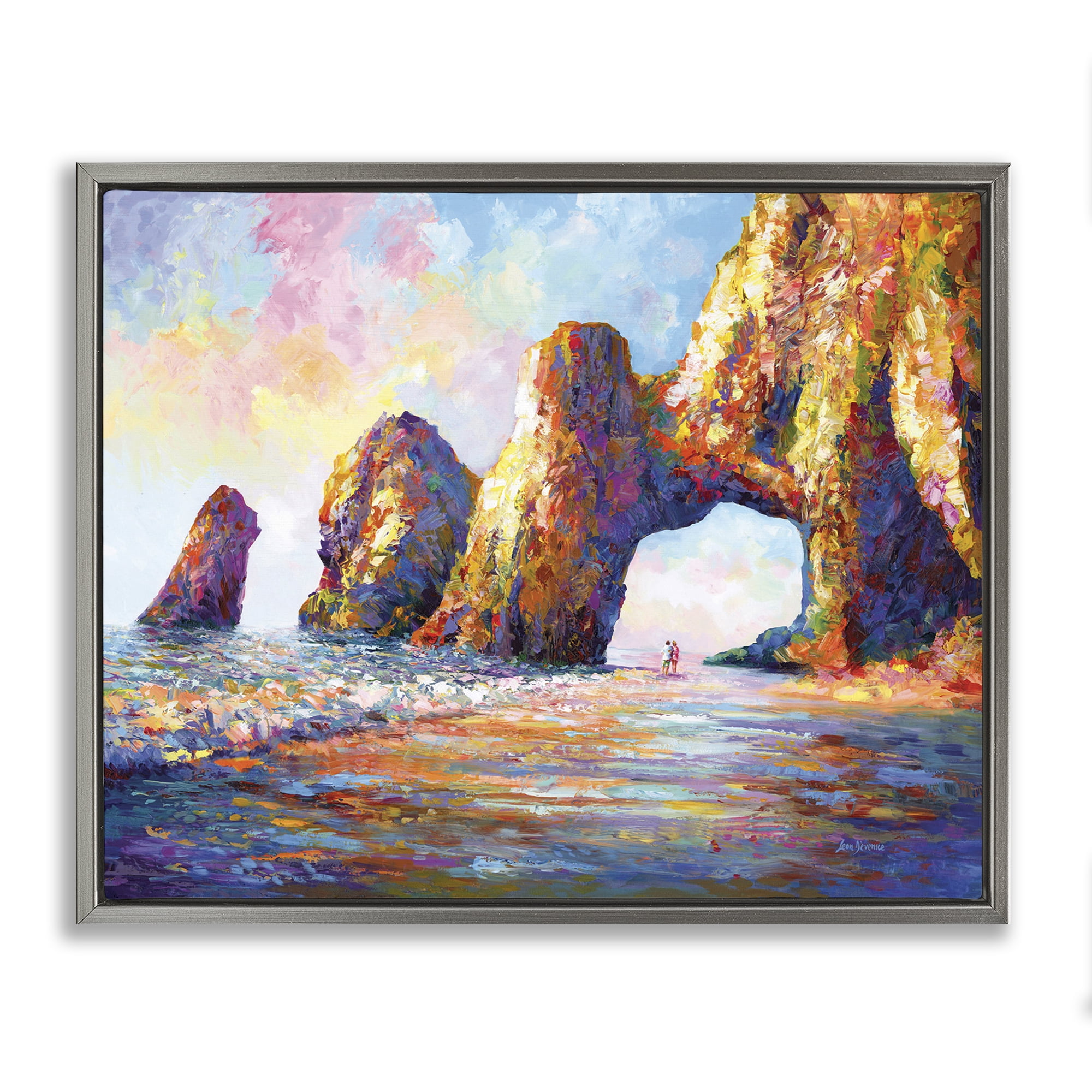 Stupell Industries Couple Strolling Beach Arch Landscape Painting Gray Floater Framed Canvas Art Print Wall Art, 21 x 17