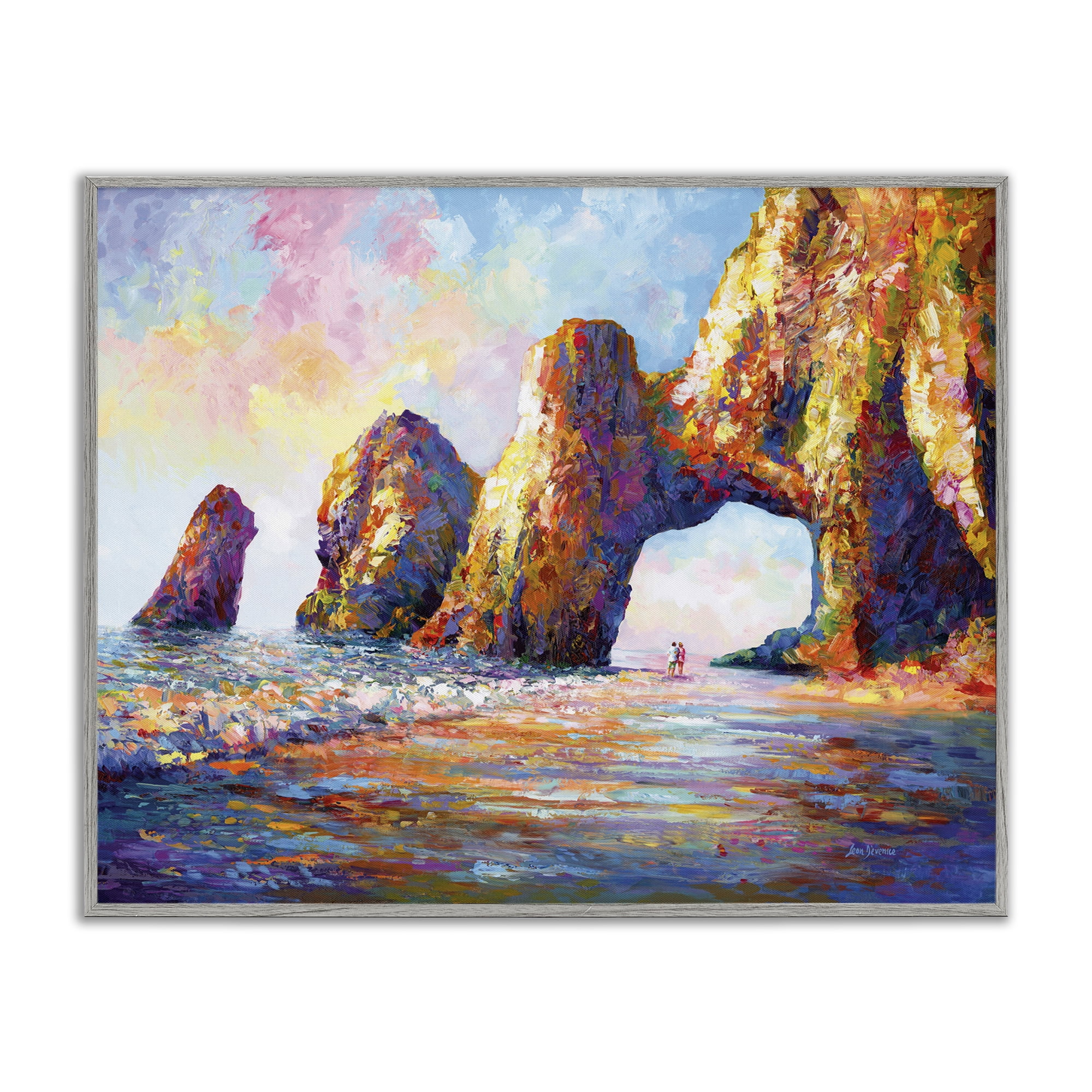 Stupell Industries Couple Strolling Beach Arch Landscape Painting Gray Framed Art Print Wall Art, 30 x 24