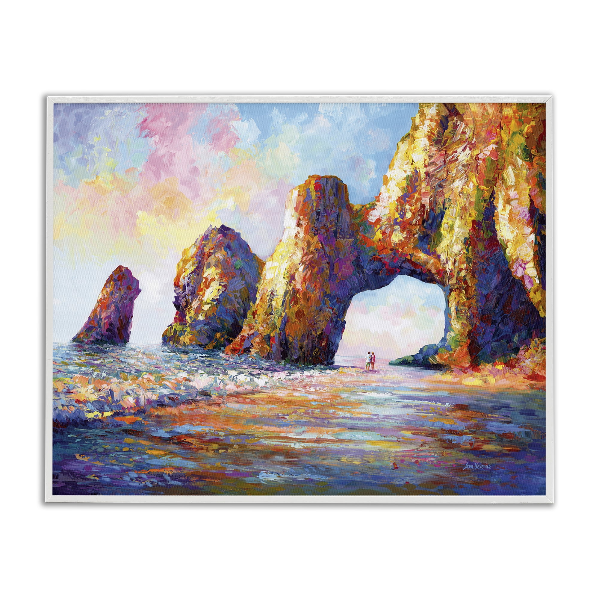 Stupell Industries Couple Strolling Beach Arch Landscape Painting White Framed Art Print Wall Art, 14 x 11