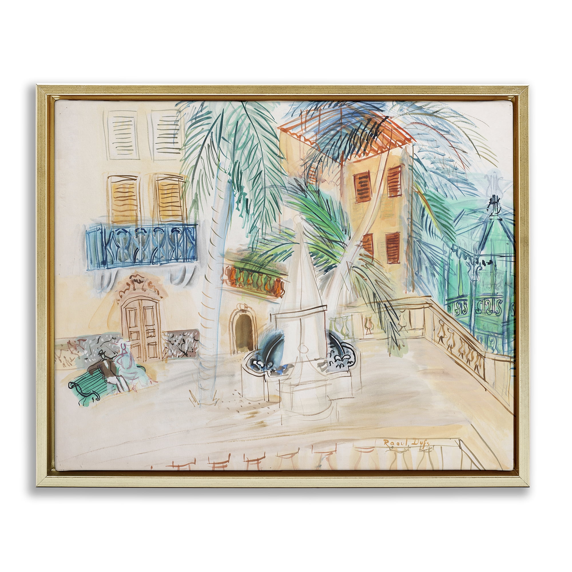 Stupell Industries Couple Sur Un Banc Dufy Classic Buildings & Architecture Painting Gold Floater Framed Canvas Art Print Wall Art, 31 x 25
