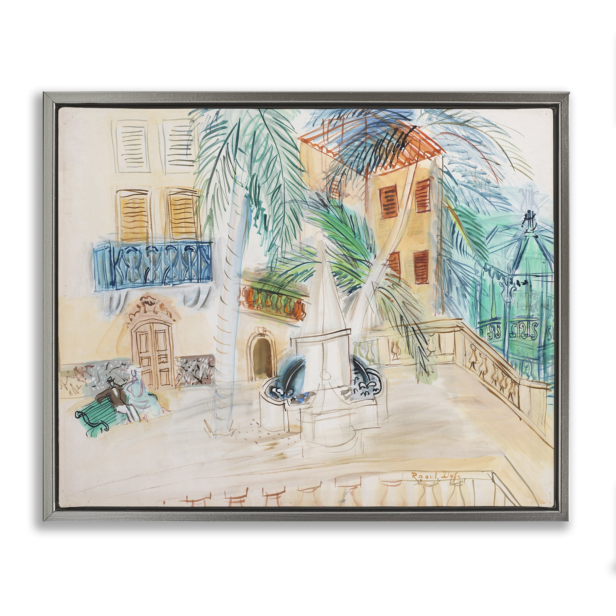 Stupell Industries Couple Sur Un Banc Dufy Classic Buildings & Architecture Painting Gray Floater Framed Canvas Art Print Wall Art, 21 x 17