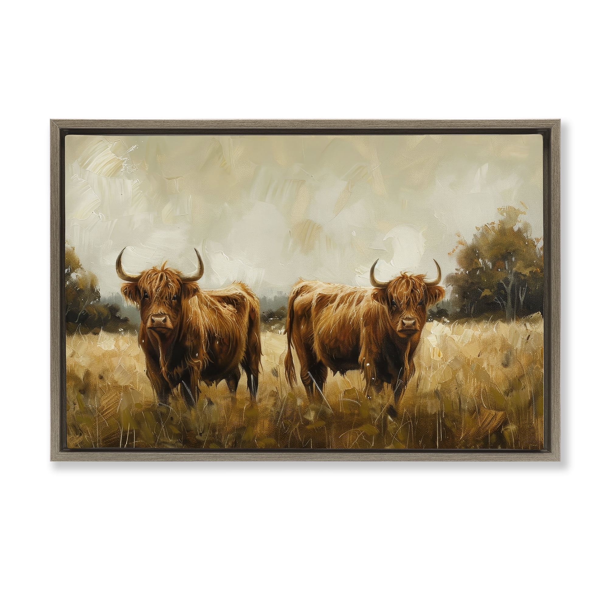 Stupell Industries Couple of Cows Animals & Insects Painting Brown Floater Framed Canvas Art Print Wall Art, 31 x 21