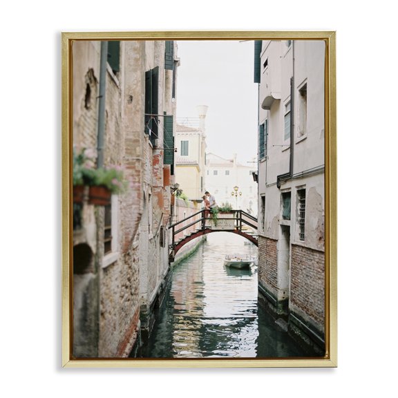 Stupell Industries Couple on Canal Bridge Town & City Photography Gold Floater Framed Art Print Wall Art, 17 x 21