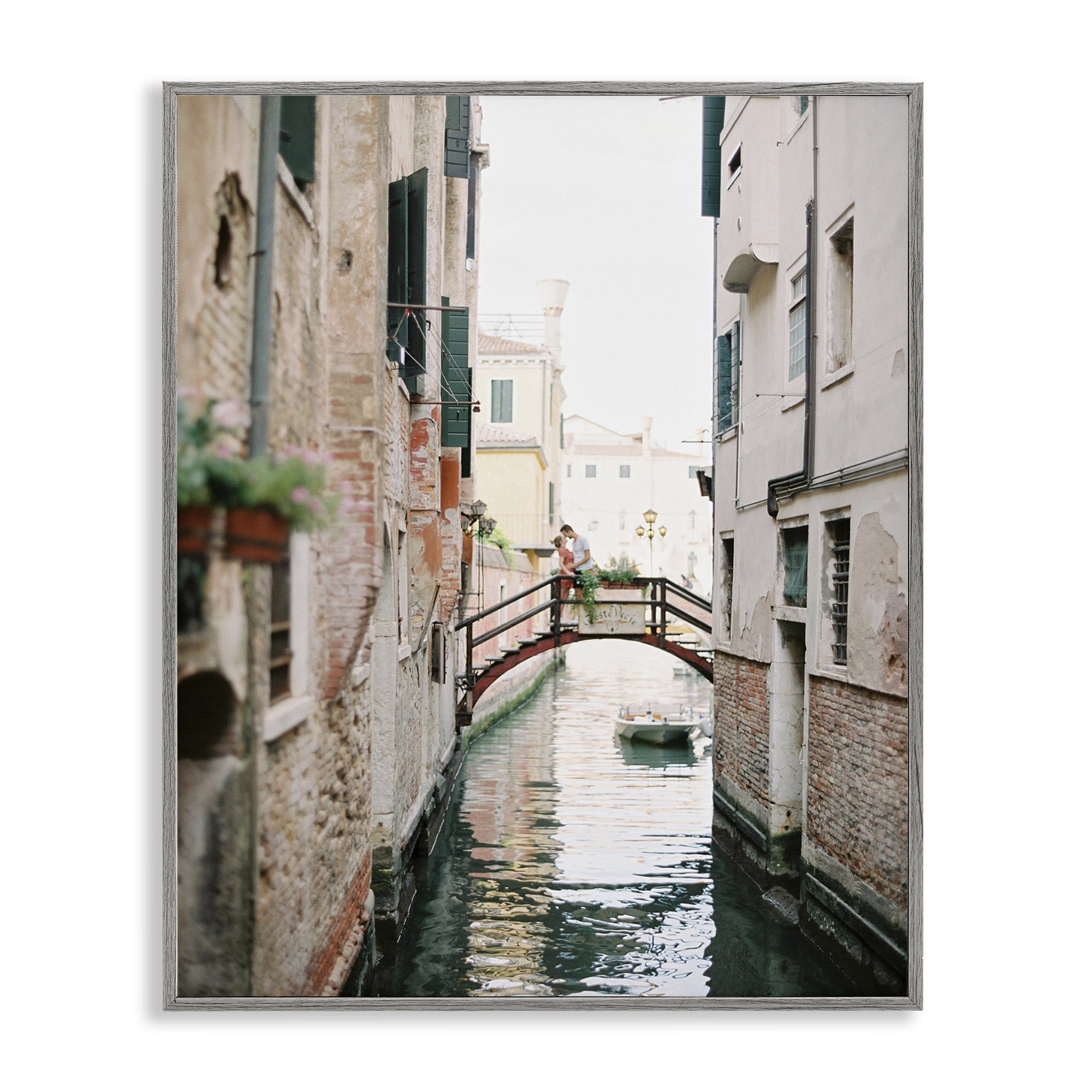 Stupell Industries Couple on Canal Bridge Town & City Photography Gray Framed Art Print Wall Art, 16 x 20