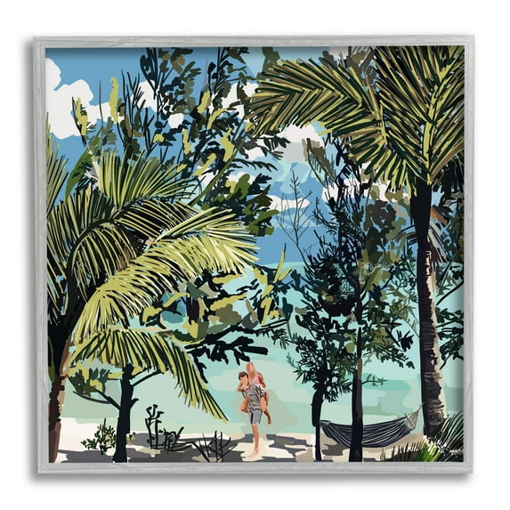 Stupell Industries Couple on Summer Beach Nature Painting Gray Framed Art Print Wall Art, 17 x 17