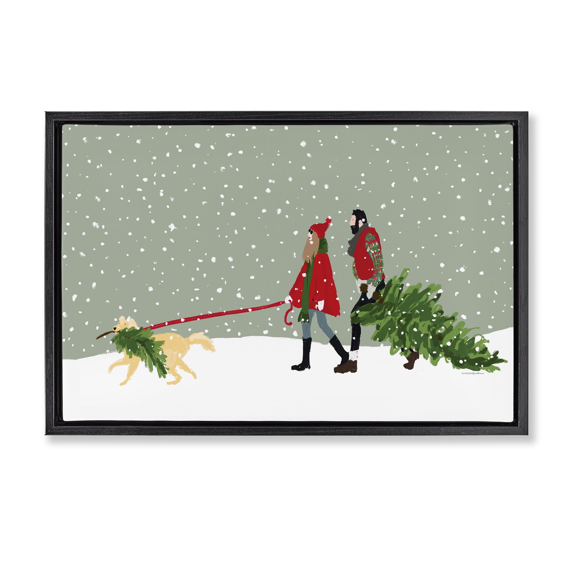 Stupell Industries Couple with Christmas Tree Holiday Painting Black Floater Framed Canvas Art Prints Wall Art, 31 x 21