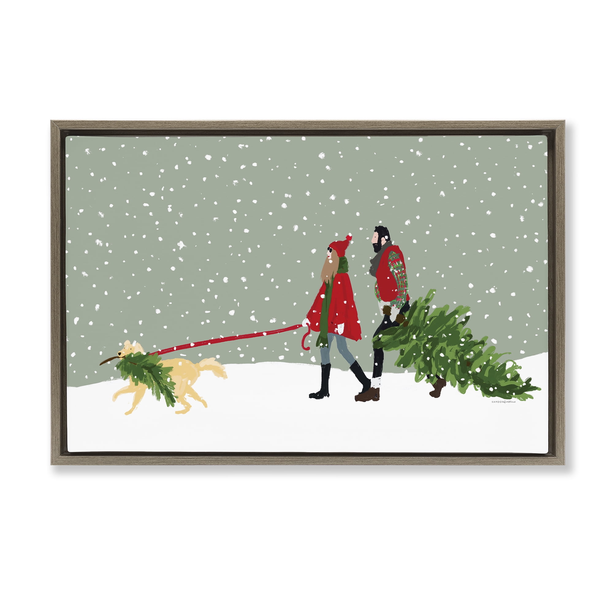 Stupell Industries Couple with Christmas Tree Holiday Painting Brown Floater Framed Canvas Art Prints Wall Art, 25 x 17