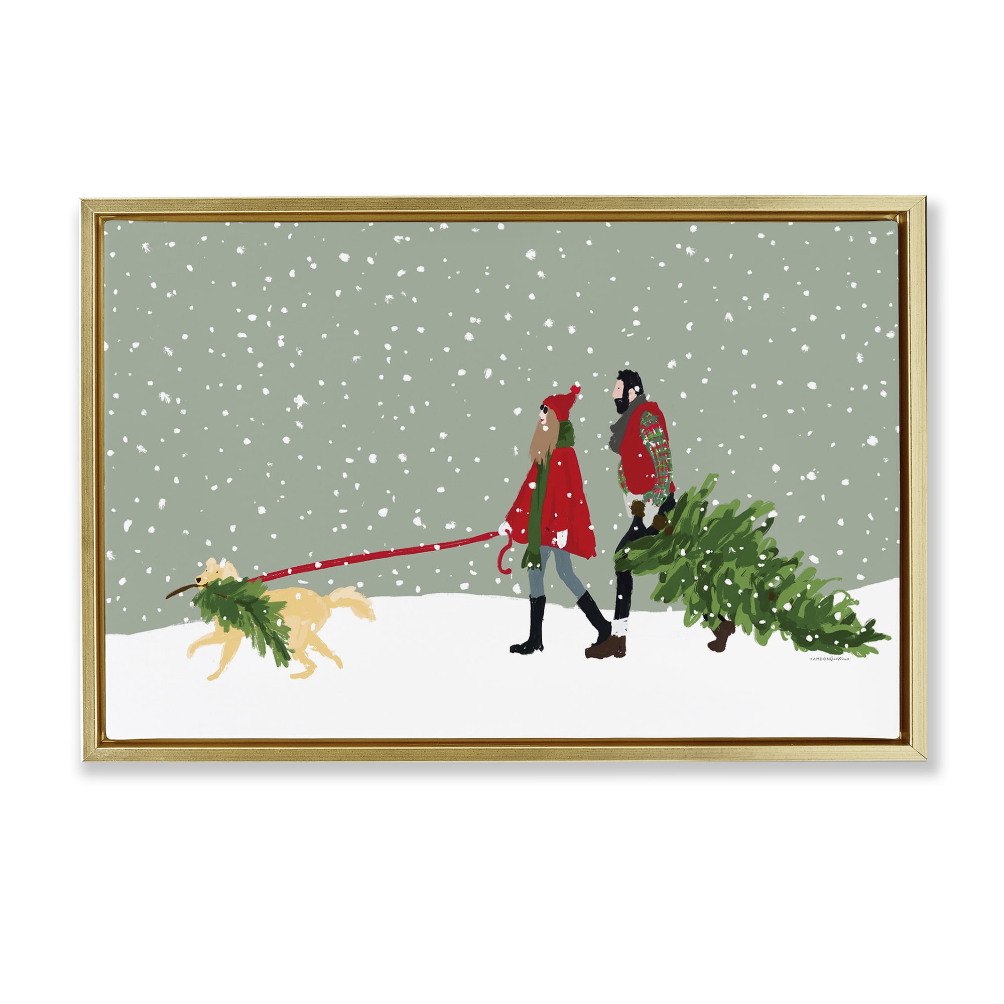 Stupell Industries Couple with Christmas Tree Holiday Painting Gold Floater Framed Canvas Art Prints Wall Art, 25 x 17