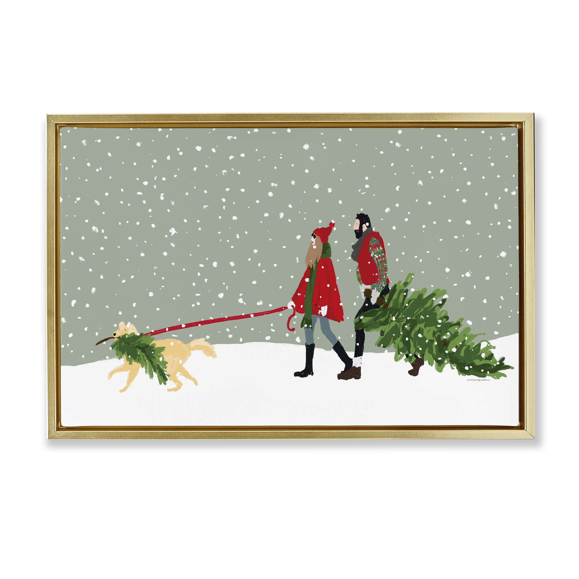 Stupell Industries Couple with Christmas Tree Holiday Painting Gold Floater Framed Canvas Art Prints Wall Art, 31 x 21